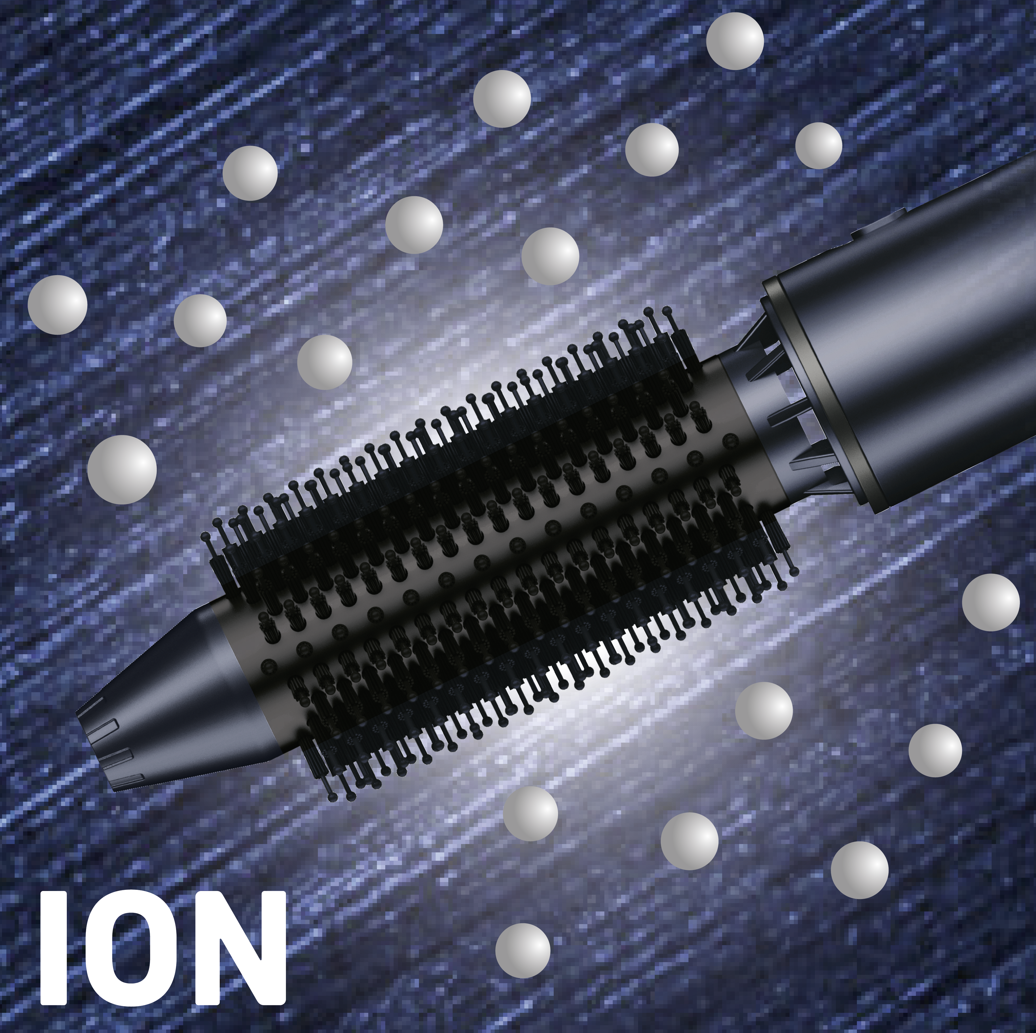 Szczotka do stylizacji z czarnym włosiem i srebrną rączką. Białe kule unoszą się na niebieskim tle, widoczne słowo ION.