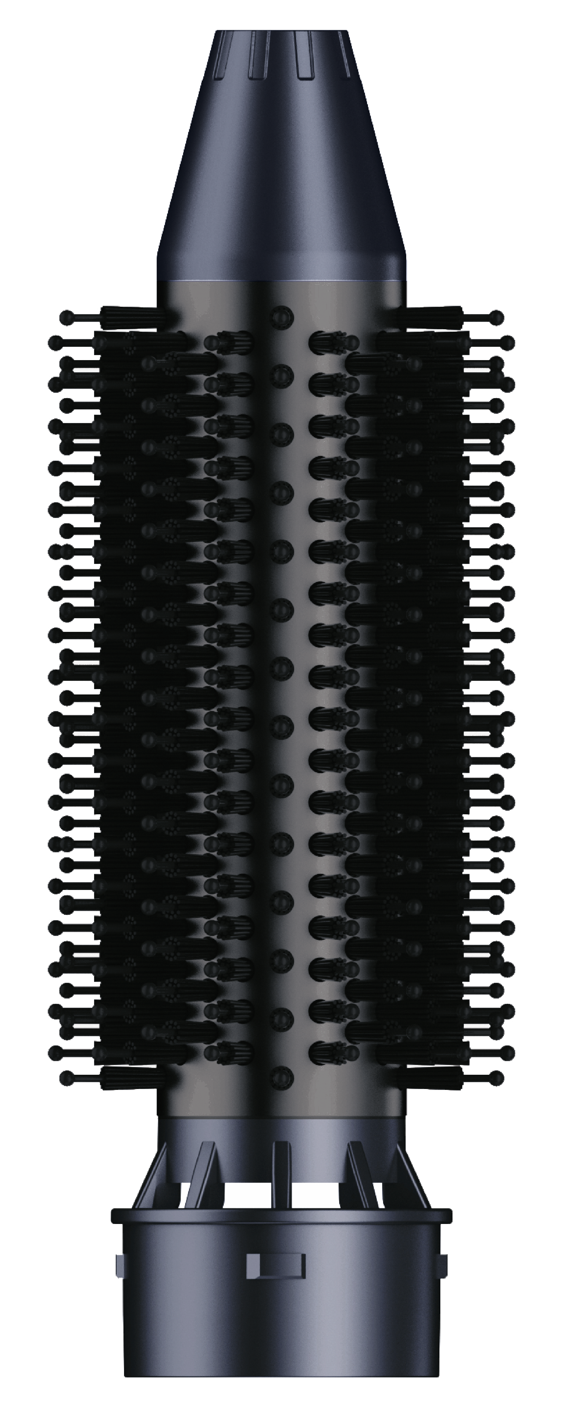 Czarne narzędzie do stylizacji włosów z włosiem i cylindrycznym kształtem, ciemnoszarą stożkiem u góry i jasnoszarą podstawą.