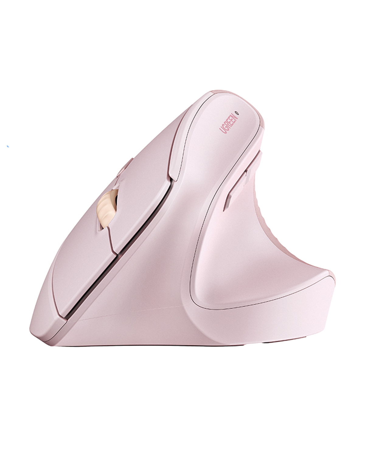 UGREEN markalı pembe ergonomik bir bilgisayar faresi. Dikey tutuşa uygun, kavisli bir tasarıma ve bir kaydırma tekerleğine sahiptir.