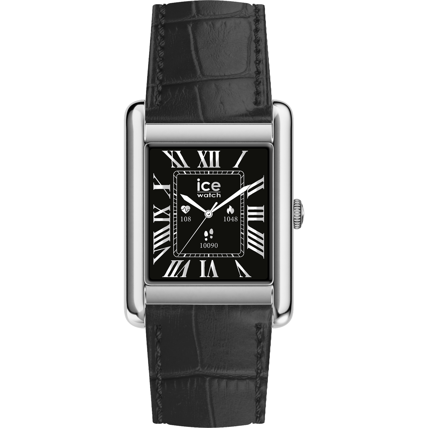 A rectangular black watch with white Roman numerals. It has a black leather strap and a silver frame. The watch face says 'ice watch'.