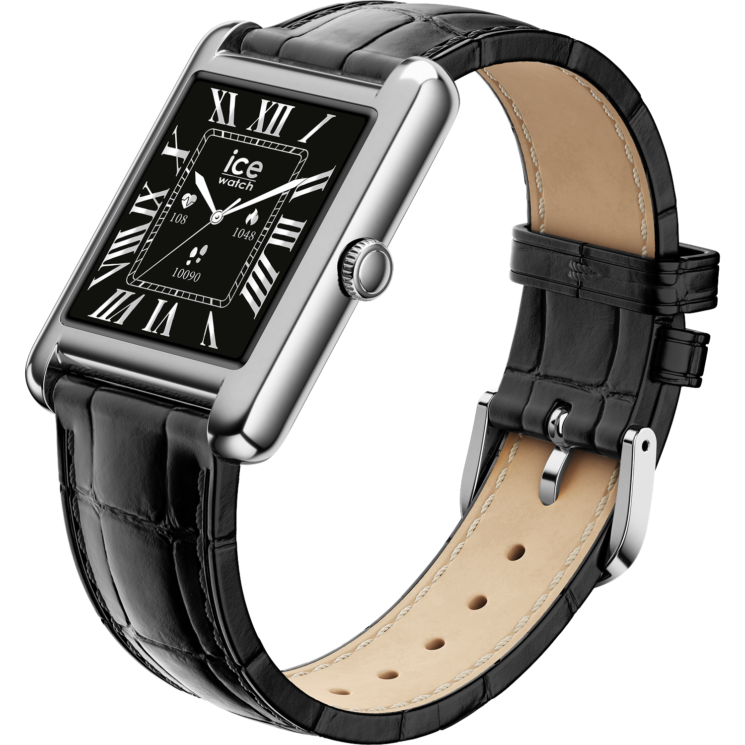 A black rectangular Ice Watch with Roman numerals, a black leather strap, and a silver buckle. The watch face is black.