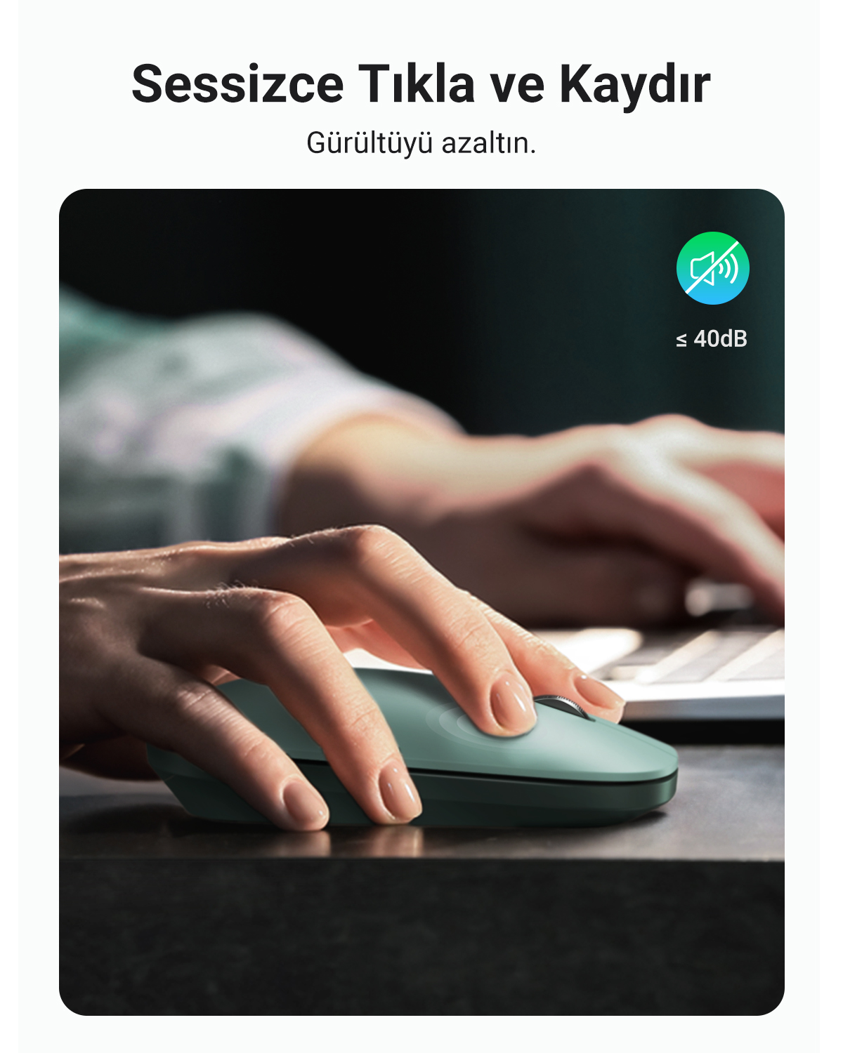 Bir el yeşil bir bilgisayar faresini kullanıyor. Görüntü, fareyi ve onunla etkileşimde bulunan eli vurguluyor.