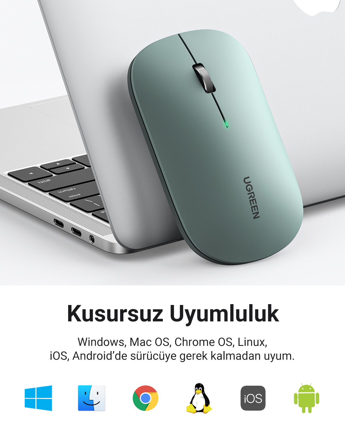Dizüstü bilgisayarın yanında turkuaz bir kablosuz fare var. Farede bir kaydırma tekerleği ve UGREEN markası var. Altta simgeler var.