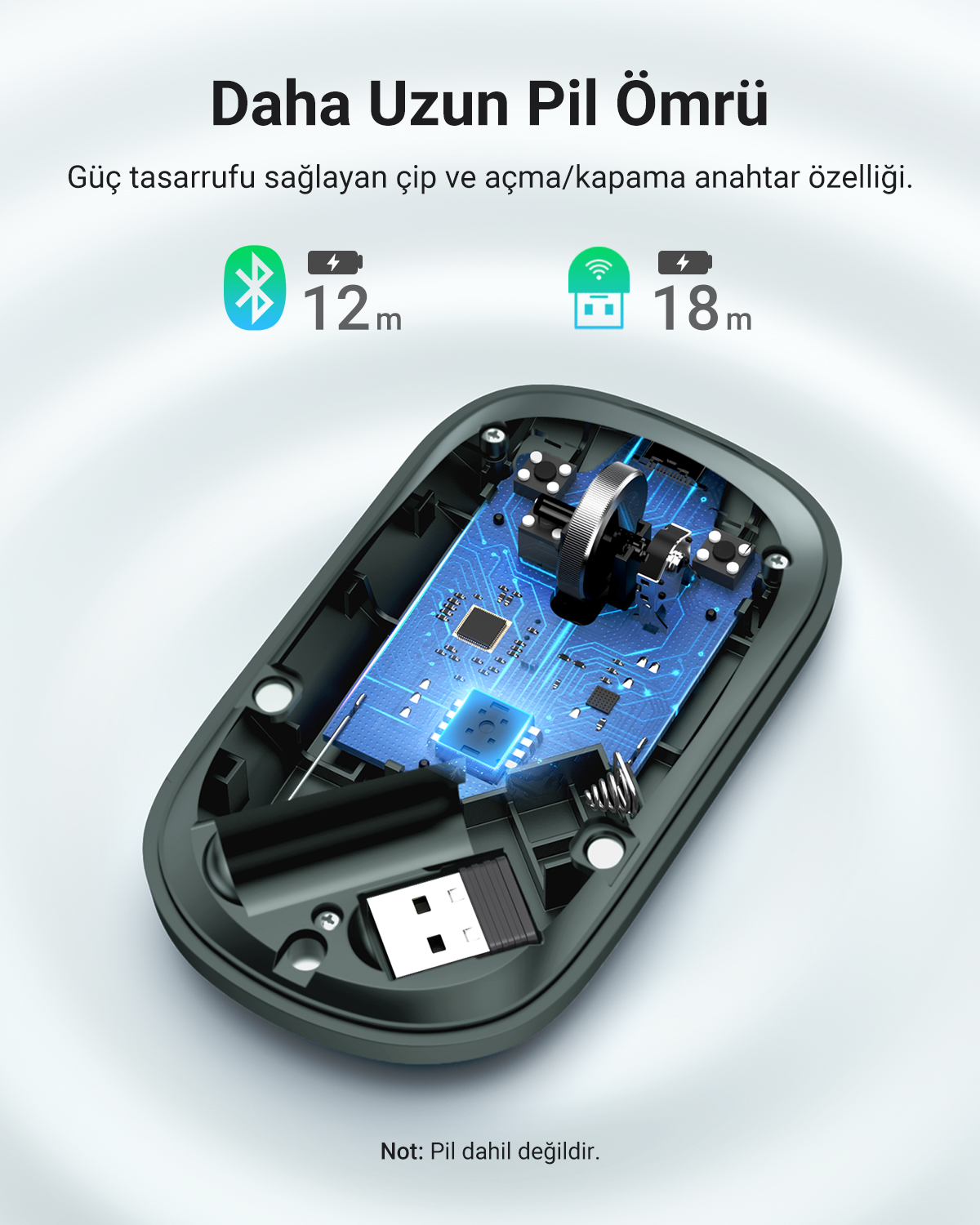 İç bileşenleri gösteren açık bir fare, daha uzun pil ömrü ve enerji tasarrufu özelliklerini gösteren metinle birlikte.