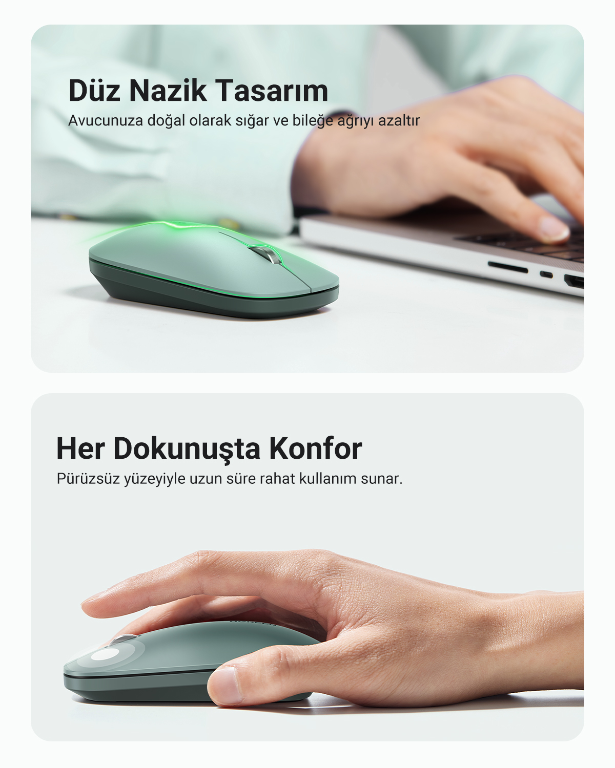 Bir el, bir dizüstü bilgisayarın yanında bir masada yeşil bir fare kullanıyor. Farenin tasarımı pürüzsüz ve ergonomik olarak tanımlanıyor.