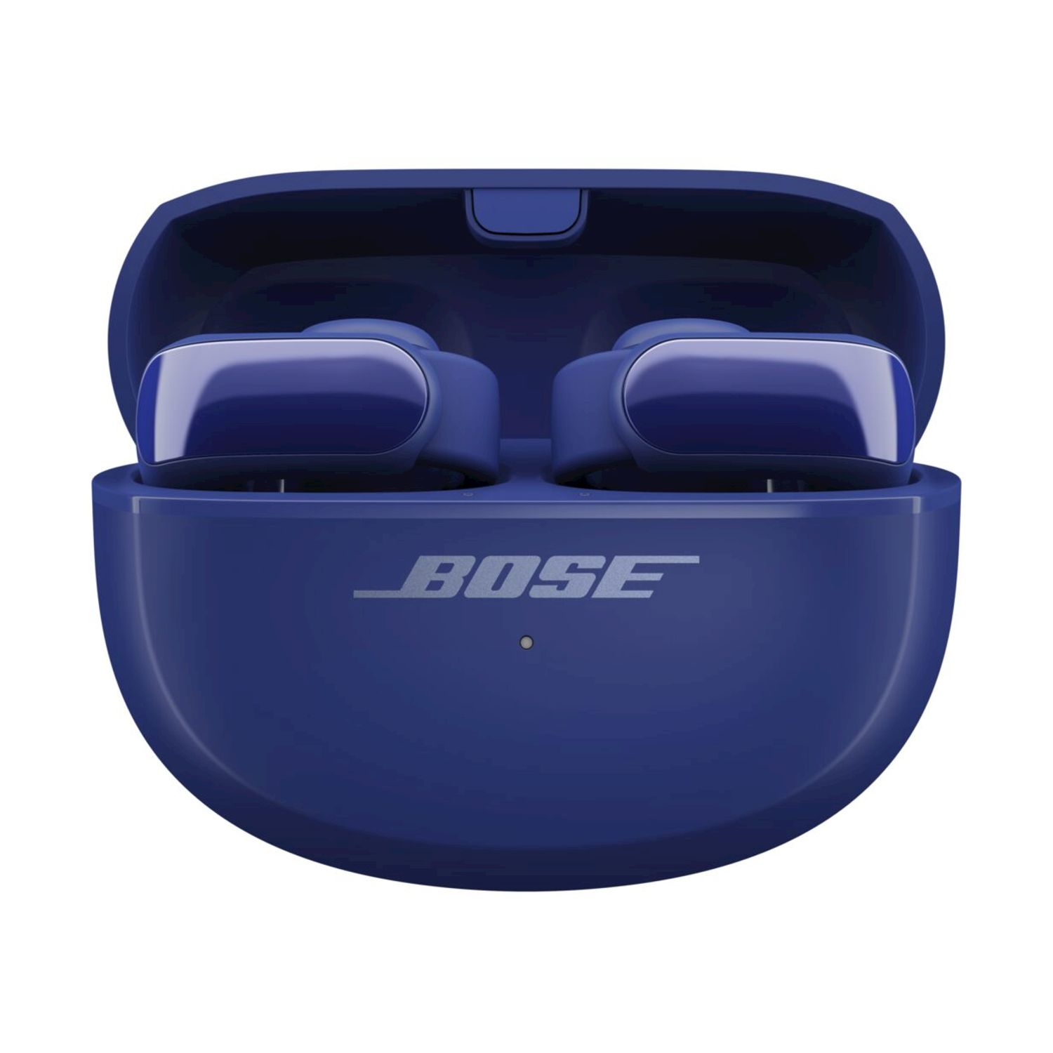 Auricolari Bose blu in una custodia di ricarica. La custodia è aperta, mostrando gli auricolari. Il logo Bose è sulla parte anteriore.
