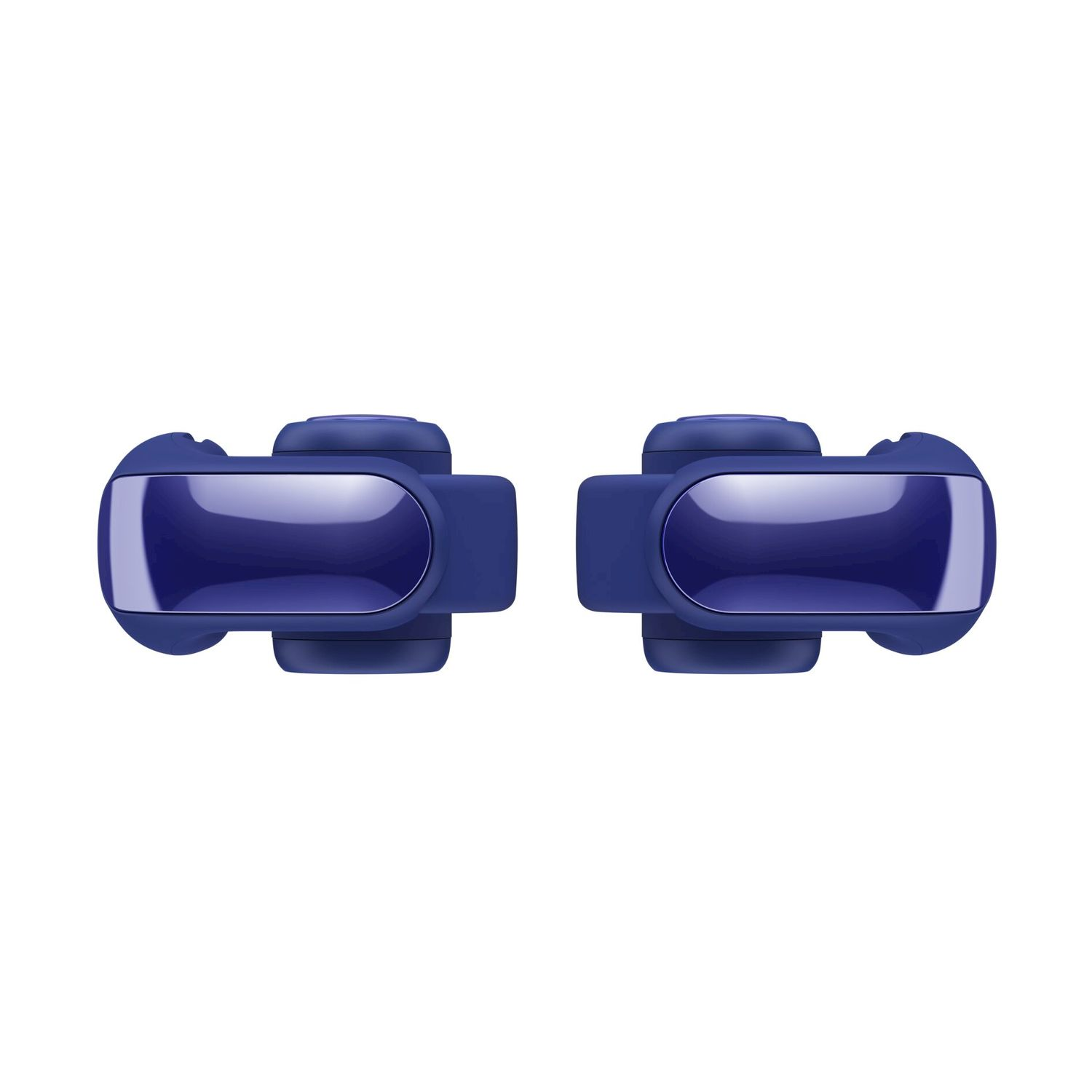 Due dispositivi blu con superfici lucide sono disposti simmetricamente su sfondo bianco.
