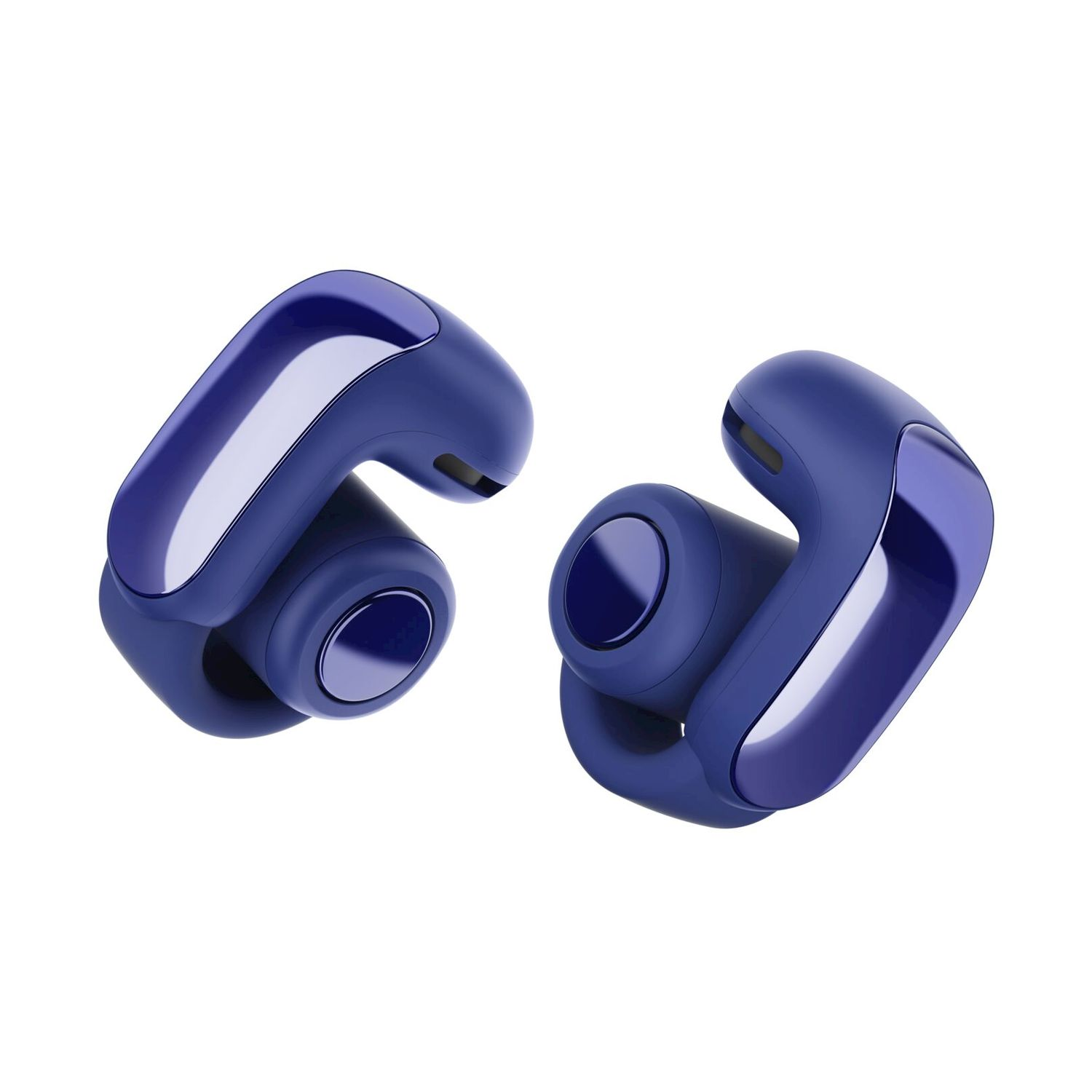 Due auricolari wireless blu. Ogni auricolare ha un corpo arrotondato con un braccio curvo e un accento blu scuro lucido.