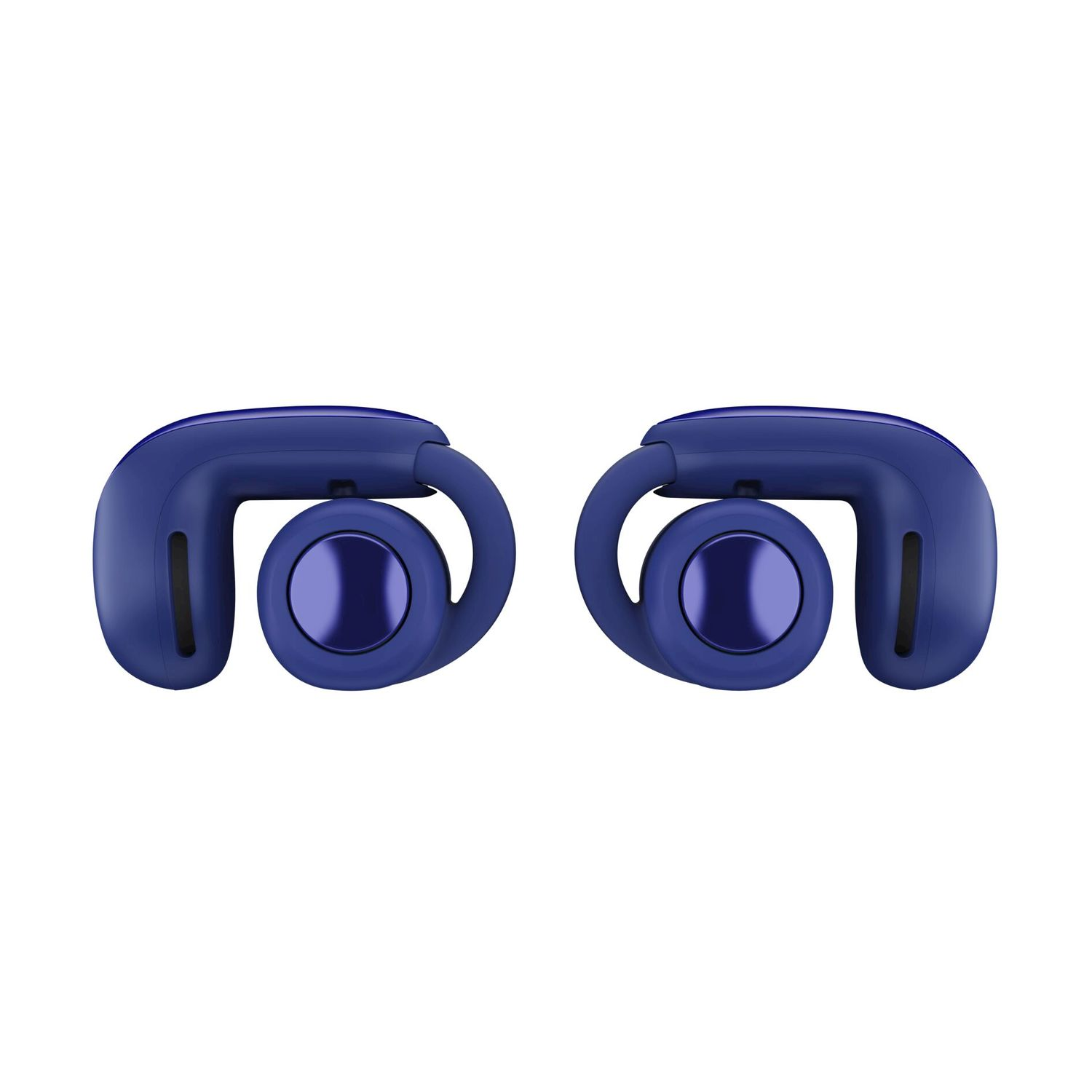 Due auricolari blu avvolgenti sono centrati su uno sfondo bianco. Hanno un auricolare circolare e una parte superiore curva.