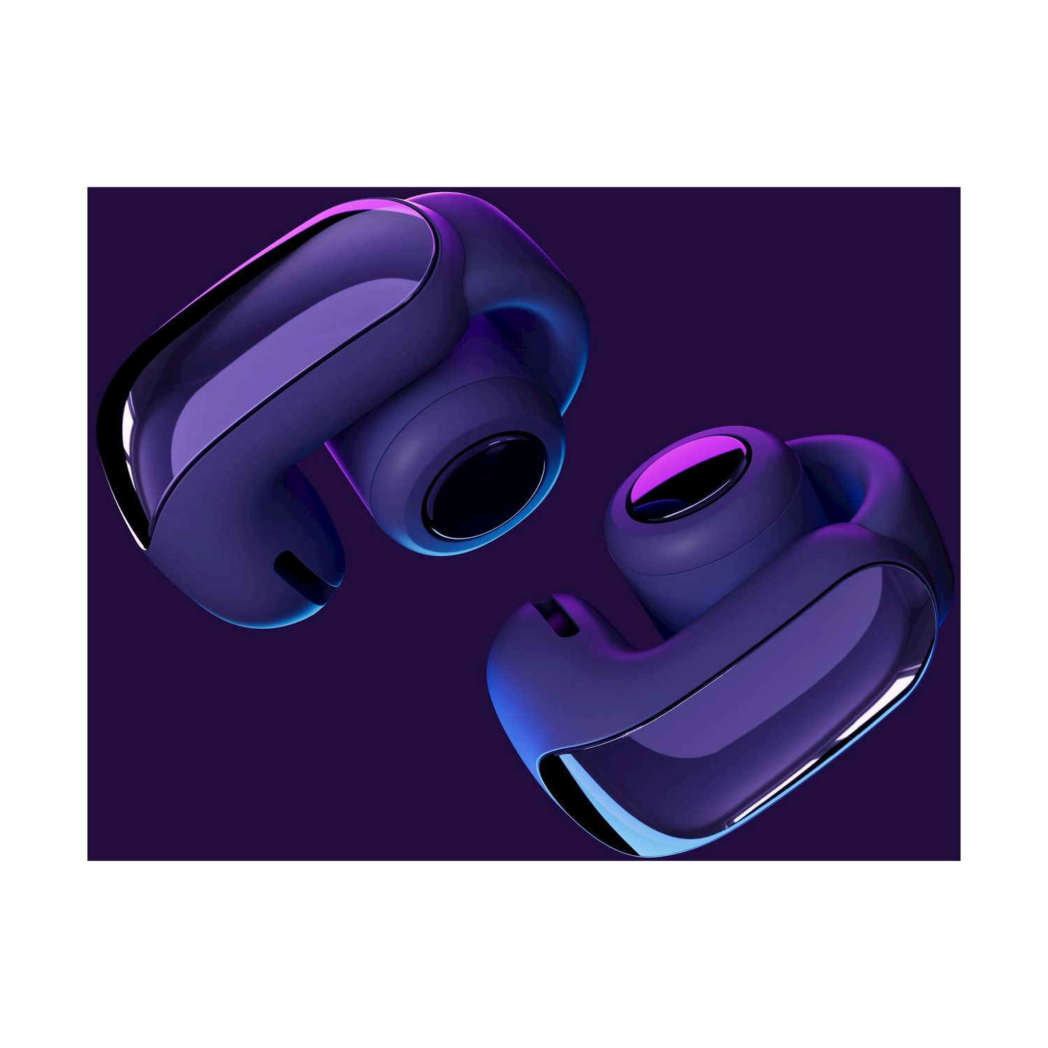 Due auricolari wireless blu e viola futuristici su uno sfondo sfumato, lucidi e riflettenti.