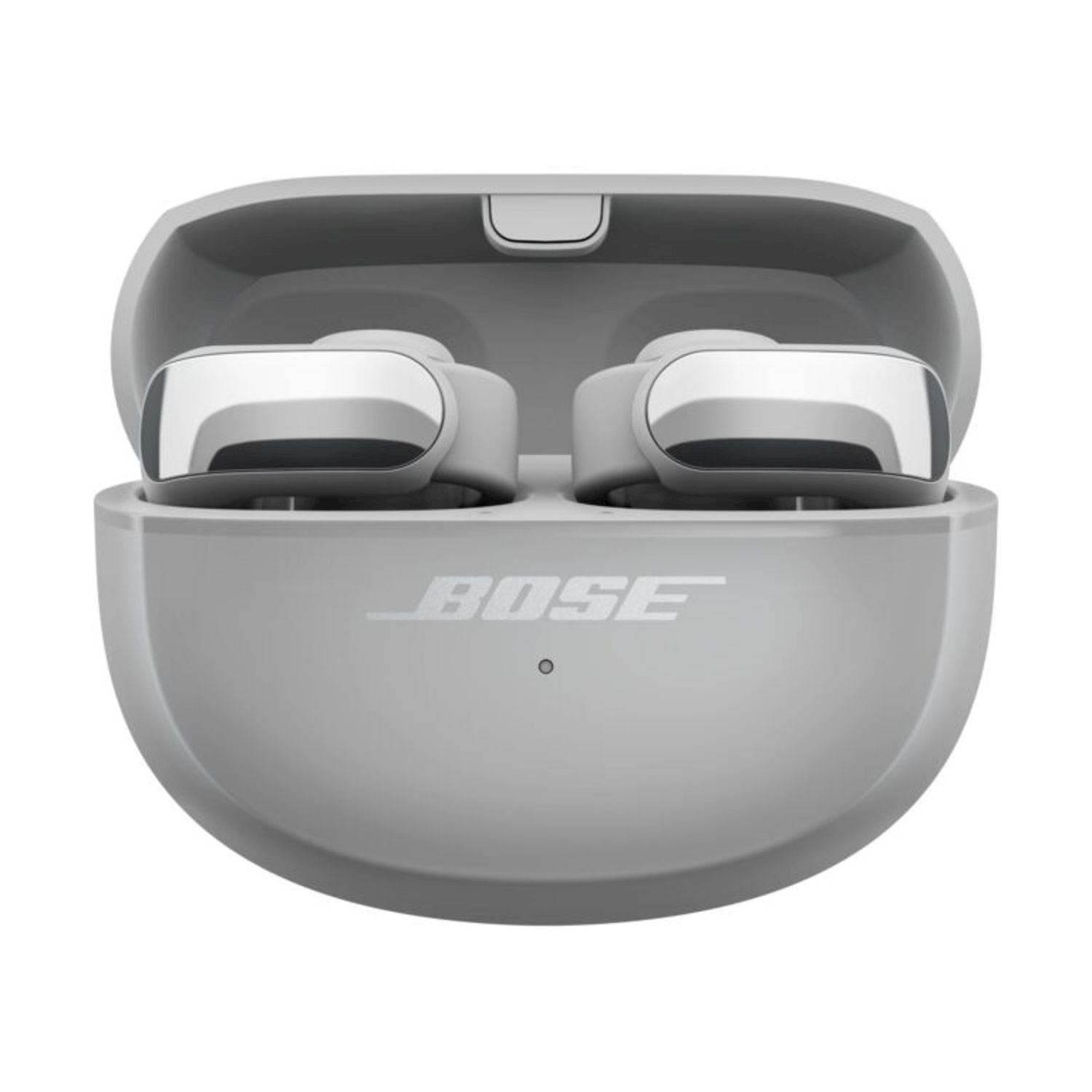 Custodia grigia aperta per auricolari Bose con due auricolari argentati all'interno, logo Bose sotto.
