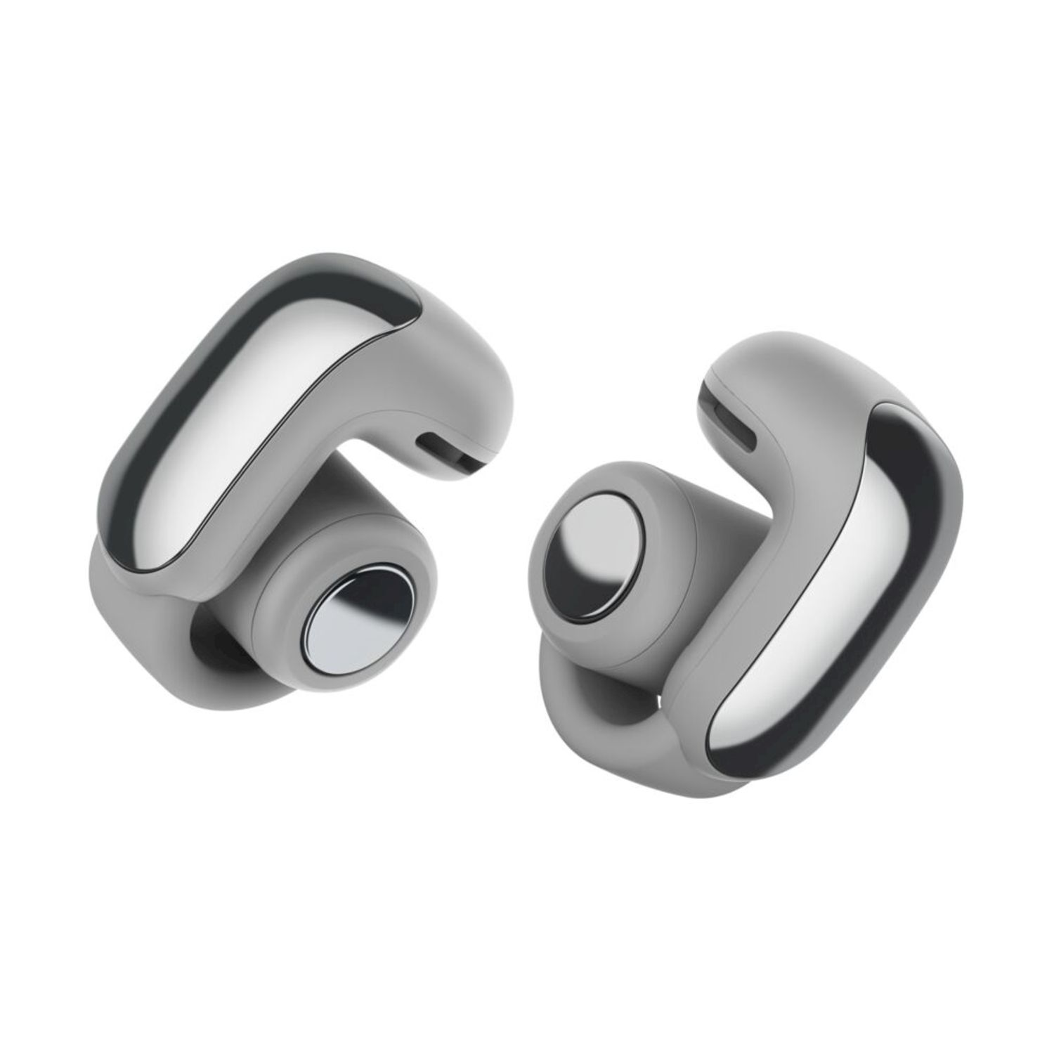 Due auricolari wireless grigi con dettagli argentati su sfondo bianco.