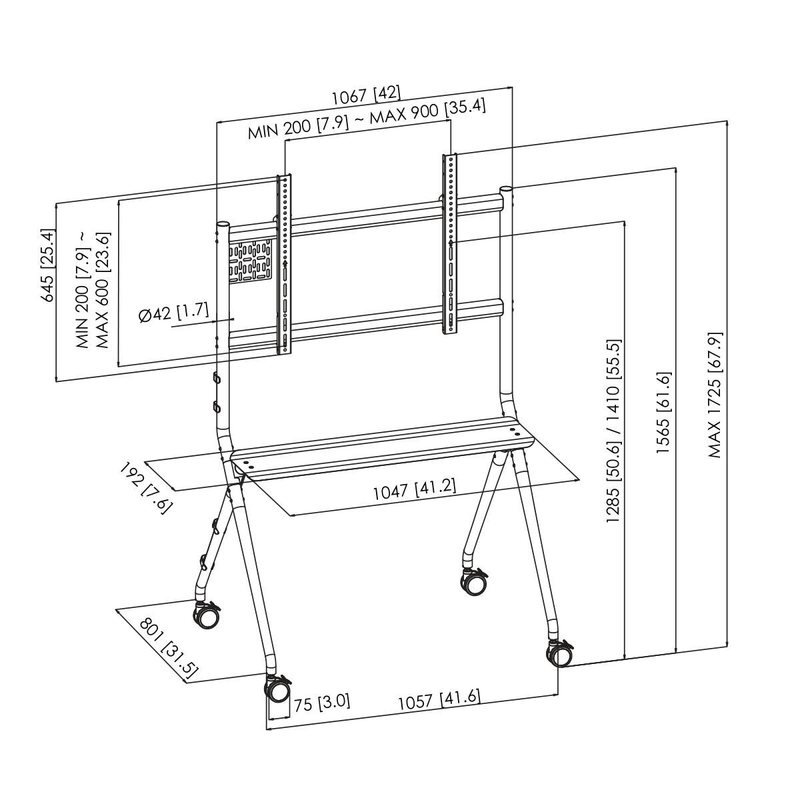 TV-állvány diagramja méretekkel mm-ben és hüvelykben. Állvány kerekekkel, állítható magassággal, fém kerettel.