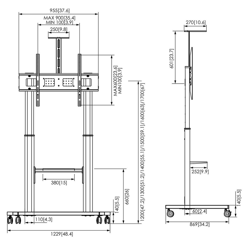 Tévéállvány diagramja, méretekkel mm-ben és hüvelykben. Tartalmazza az állványt, oszlopot és képernyőtartót.