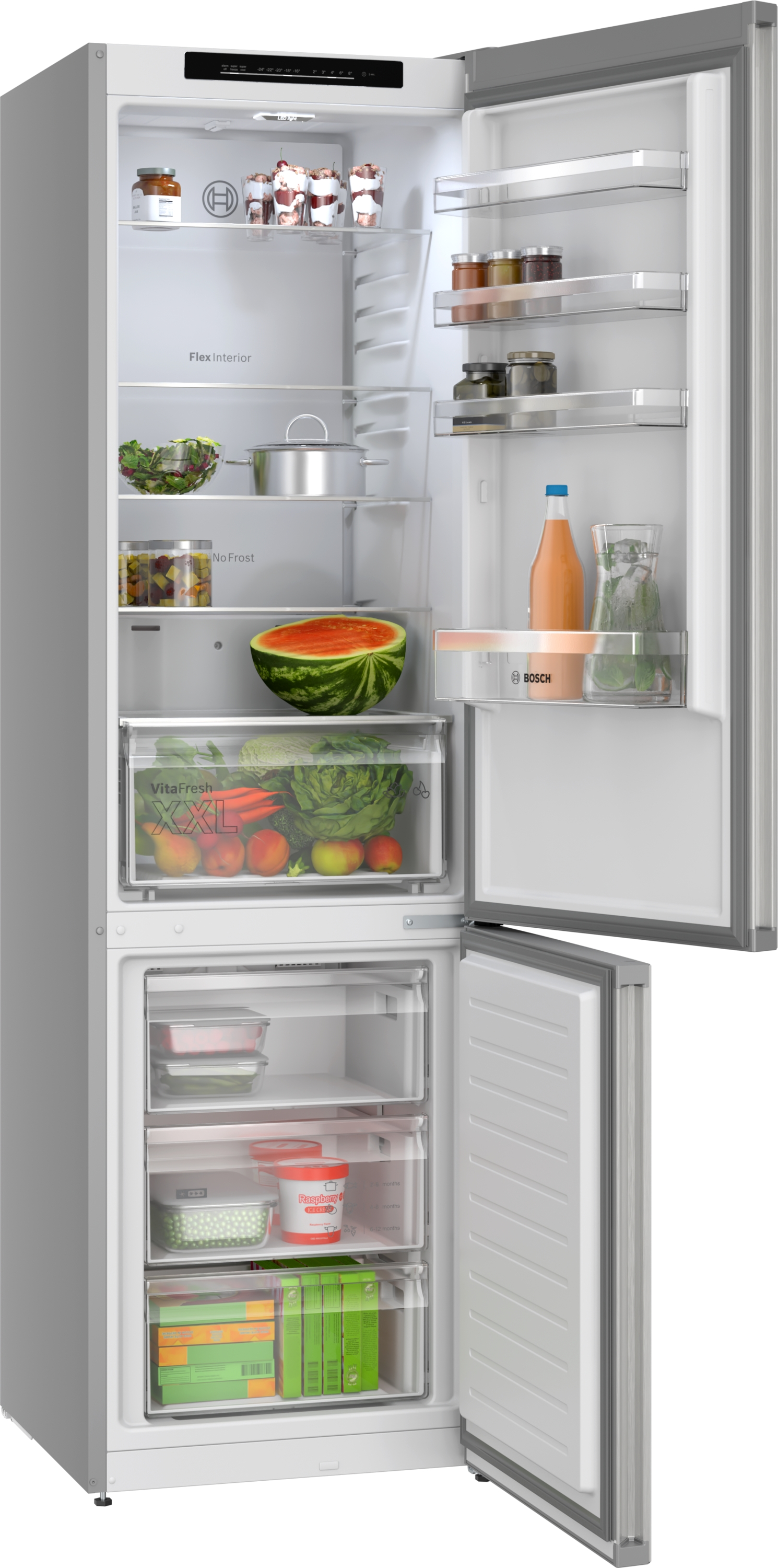 Offener Kühlschrank mit Inhalt: Obst, Gemüse, Gläser und Desserts. Gefrierfach unten mit Tiefkühlkost. Marke Bosch ist sichtbar.