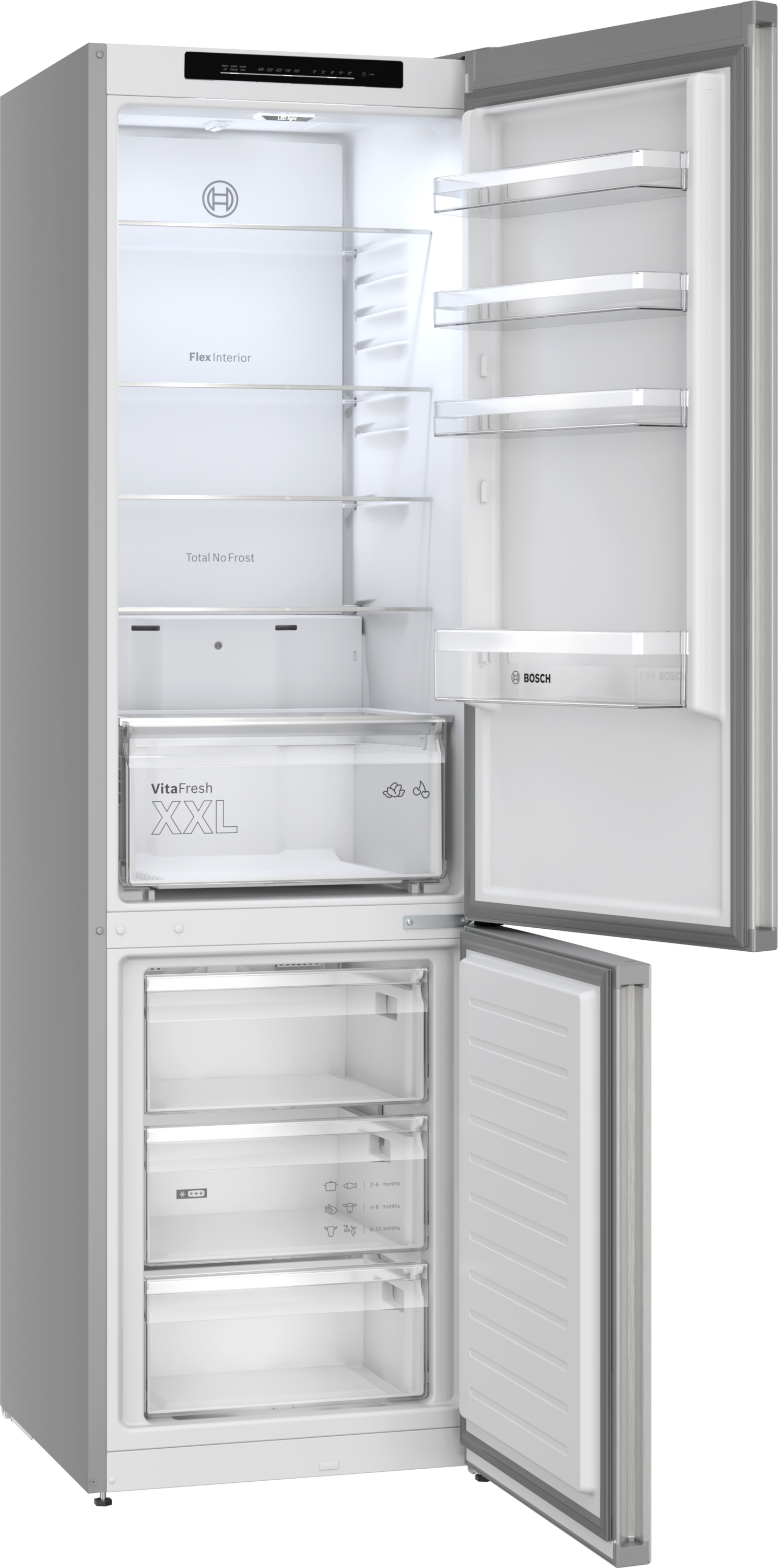 Offener Kühlschrank mit Regalen, Schubladen und Aufschriften wie 'VitaFresh XXL' und 'Total No Frost'. Türen und Schubladen sind offen.