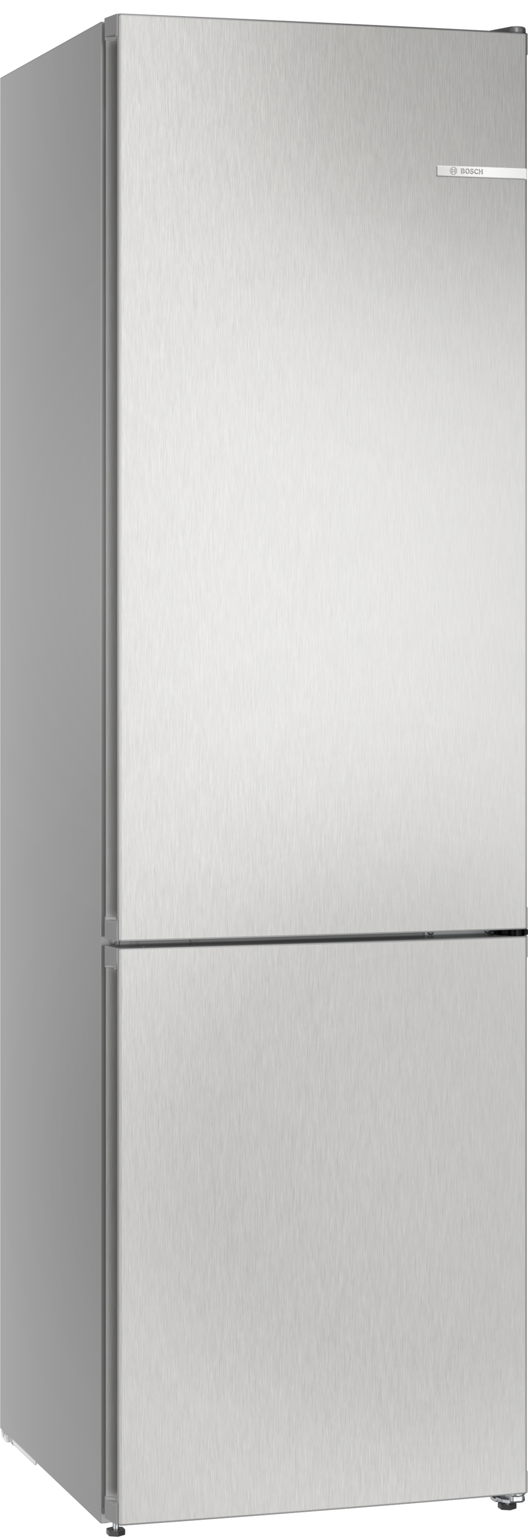 Ein Kühlschrank aus Edelstahl mit oberem und unterem Bereich. Das Bosch-Logo ist oben rechts sichtbar.