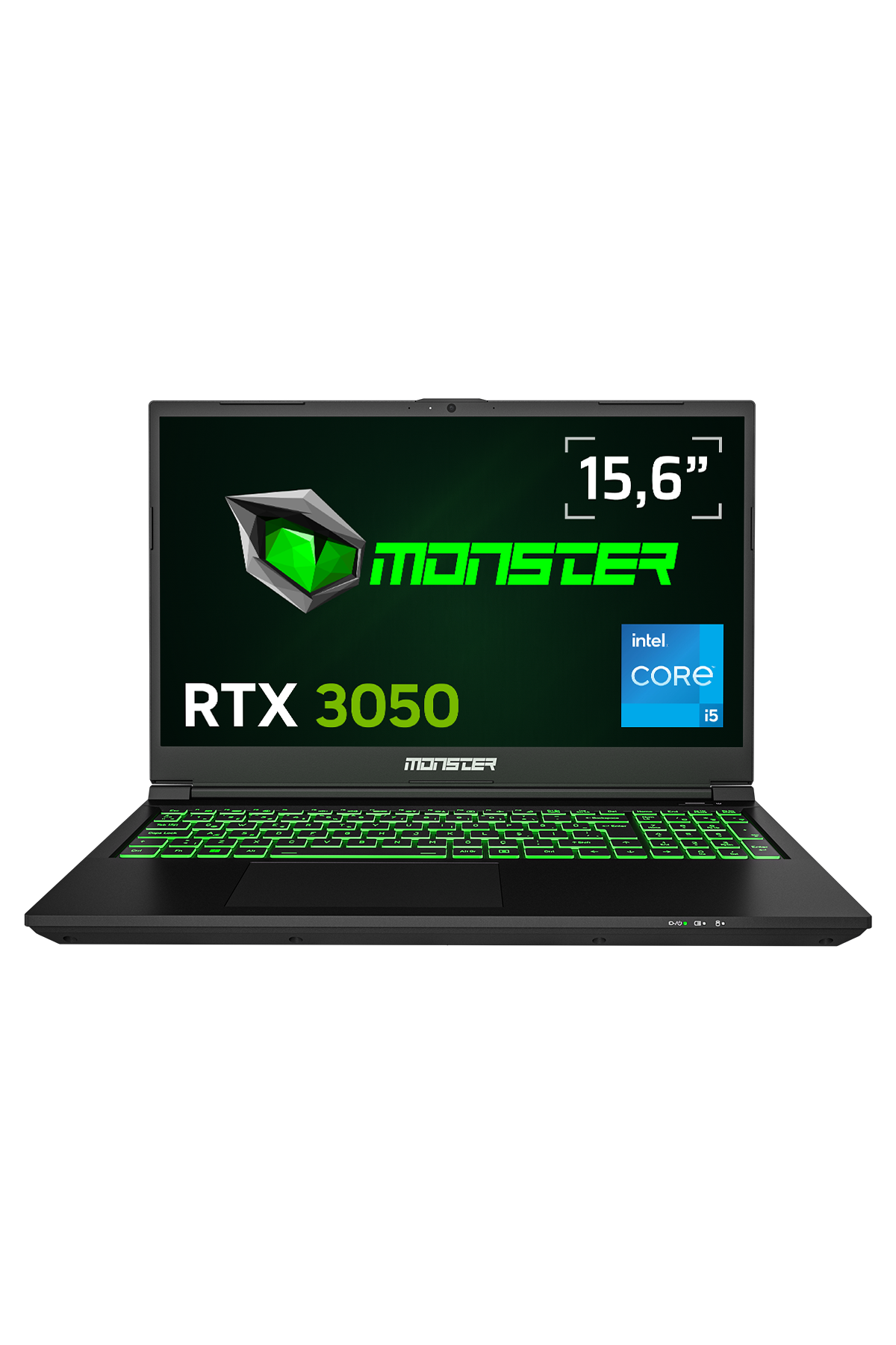 Siyah Monster dizüstü bilgisayar. Yeşil arkadan aydınlatmalı klavye ve logo ve RTX 3050 içeren ekran. Intel Core i5 etiketi.