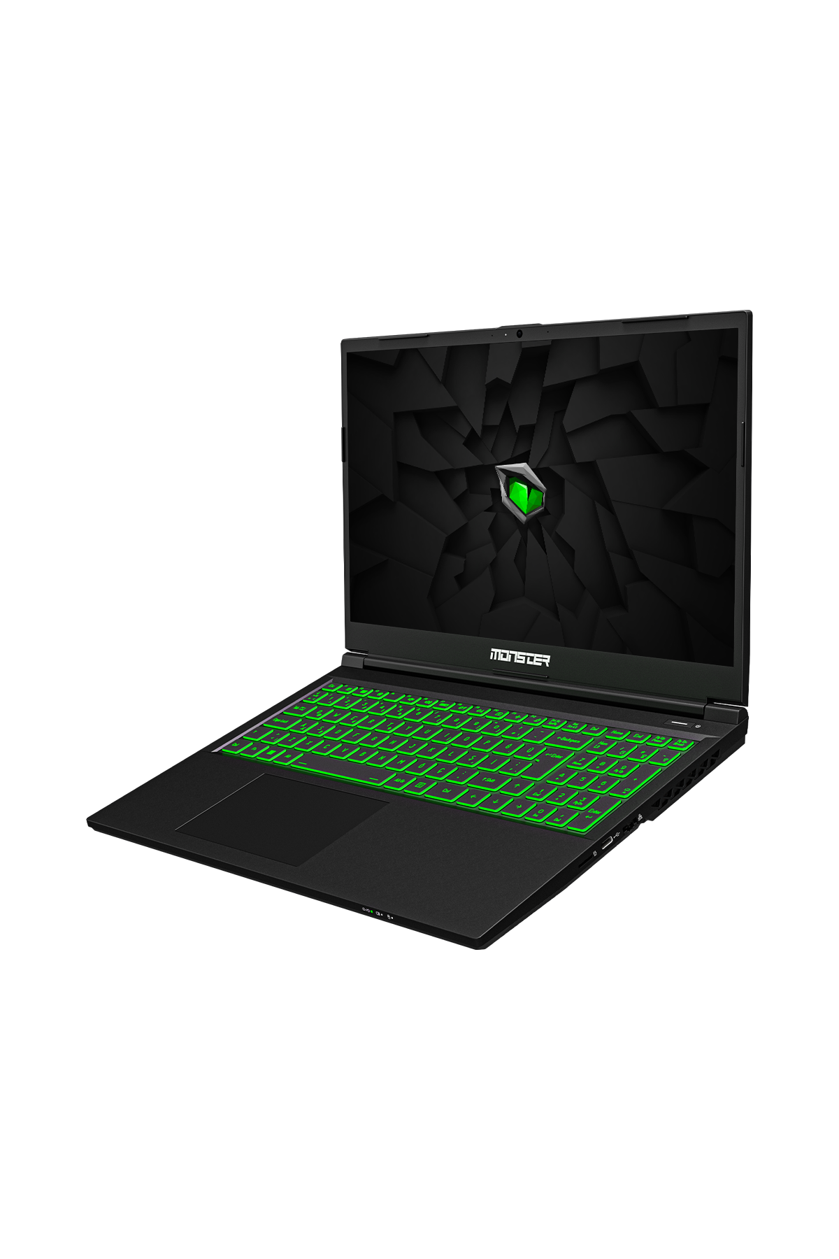 Siyah Monster oyun laptopu, yeşil arkadan aydınlatmalı klavye, ekranda logo ve koyu arka plan.