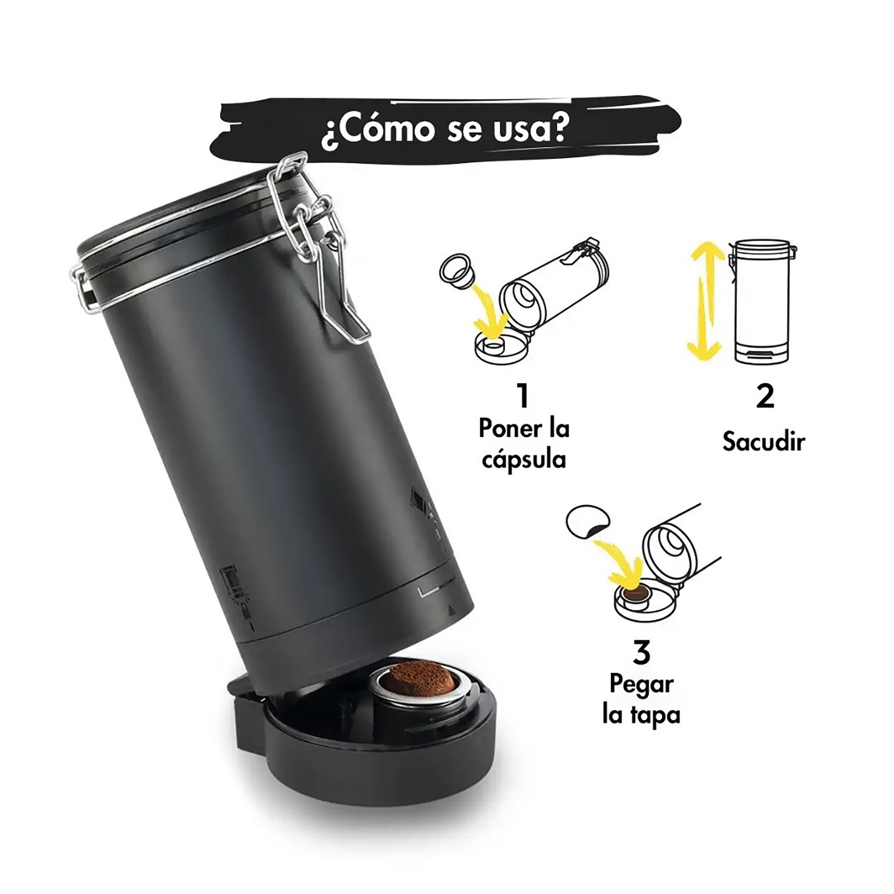Instrucciones sobre cómo usar una máquina de cápsulas de café. Los pasos incluyen insertar la cápsula, agitar y cerrar la tapa.