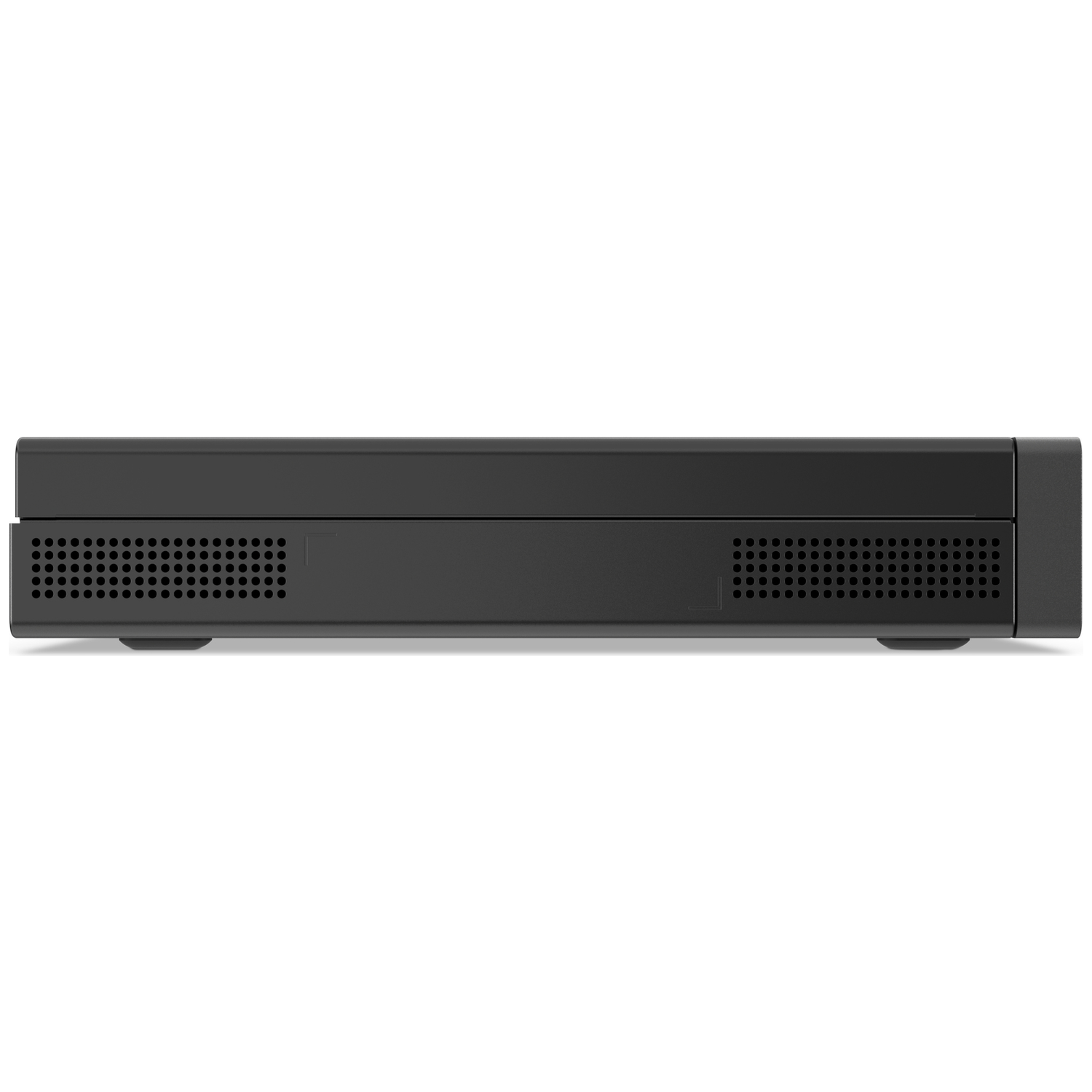 A black rectangular device with ventilation holes and small feet is centered on a white background.