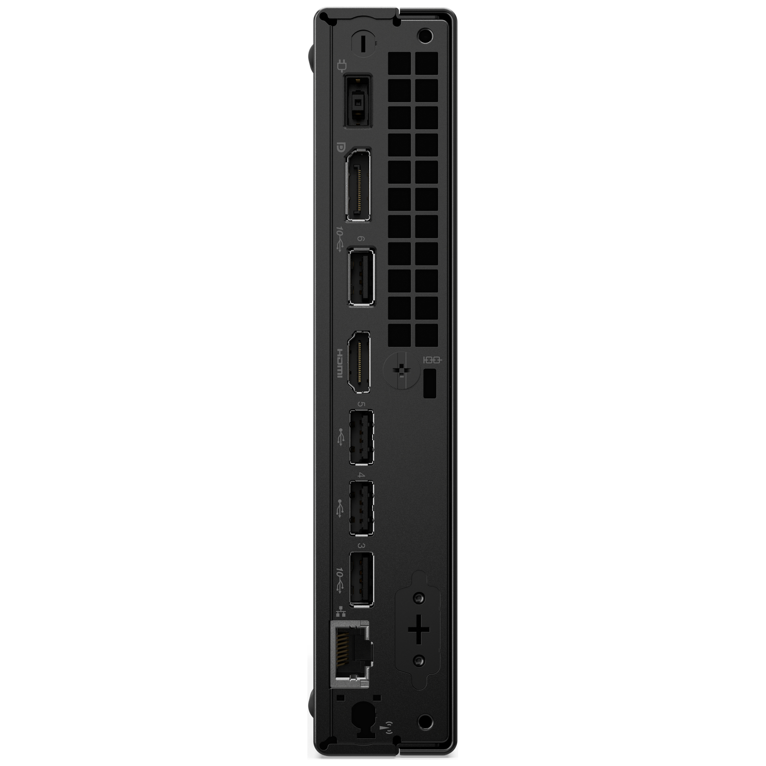 Black Lenovo desktop computer with various ports visible. Includes USB, HDMI, and Ethernet ports. The device is standing upright.
