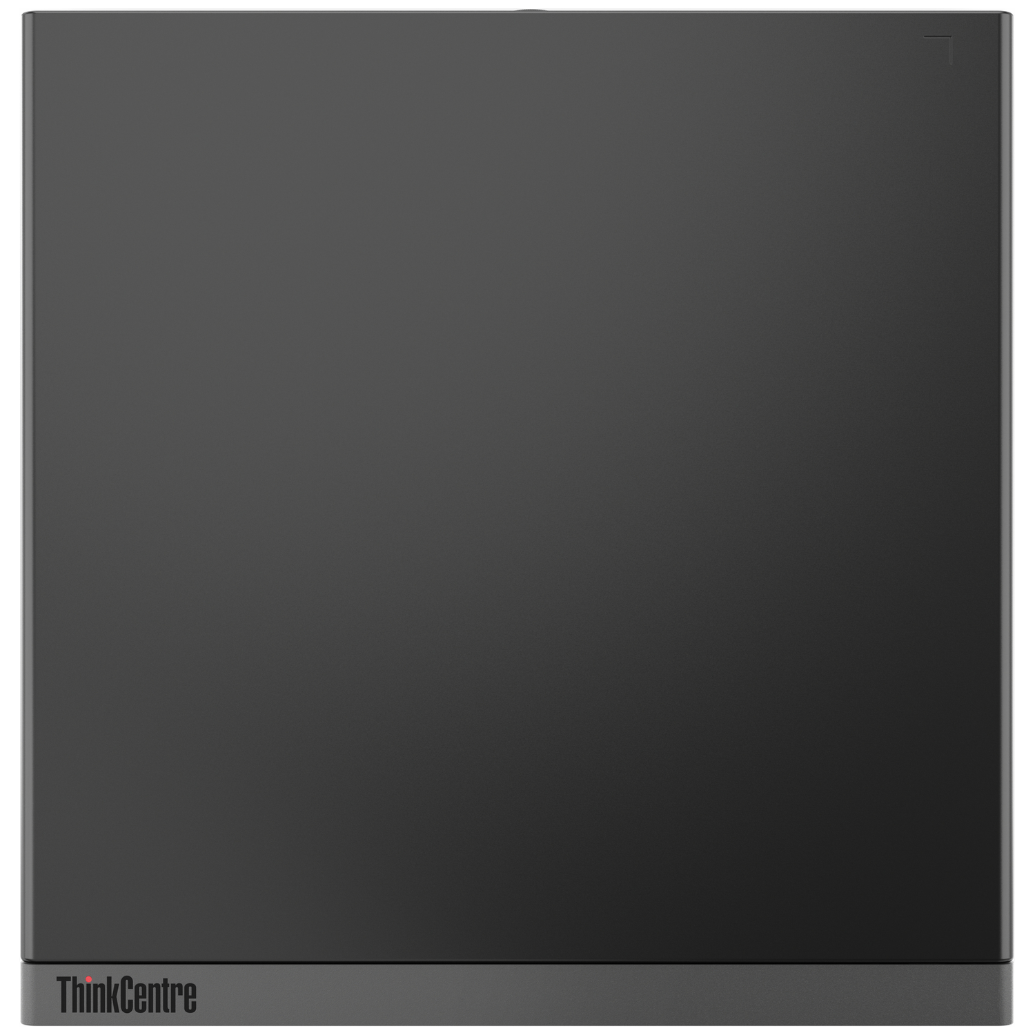 A dark gray ThinkCentre computer tower. The ThinkCentre logo is visible at the bottom. A small square is at the top right corner.
