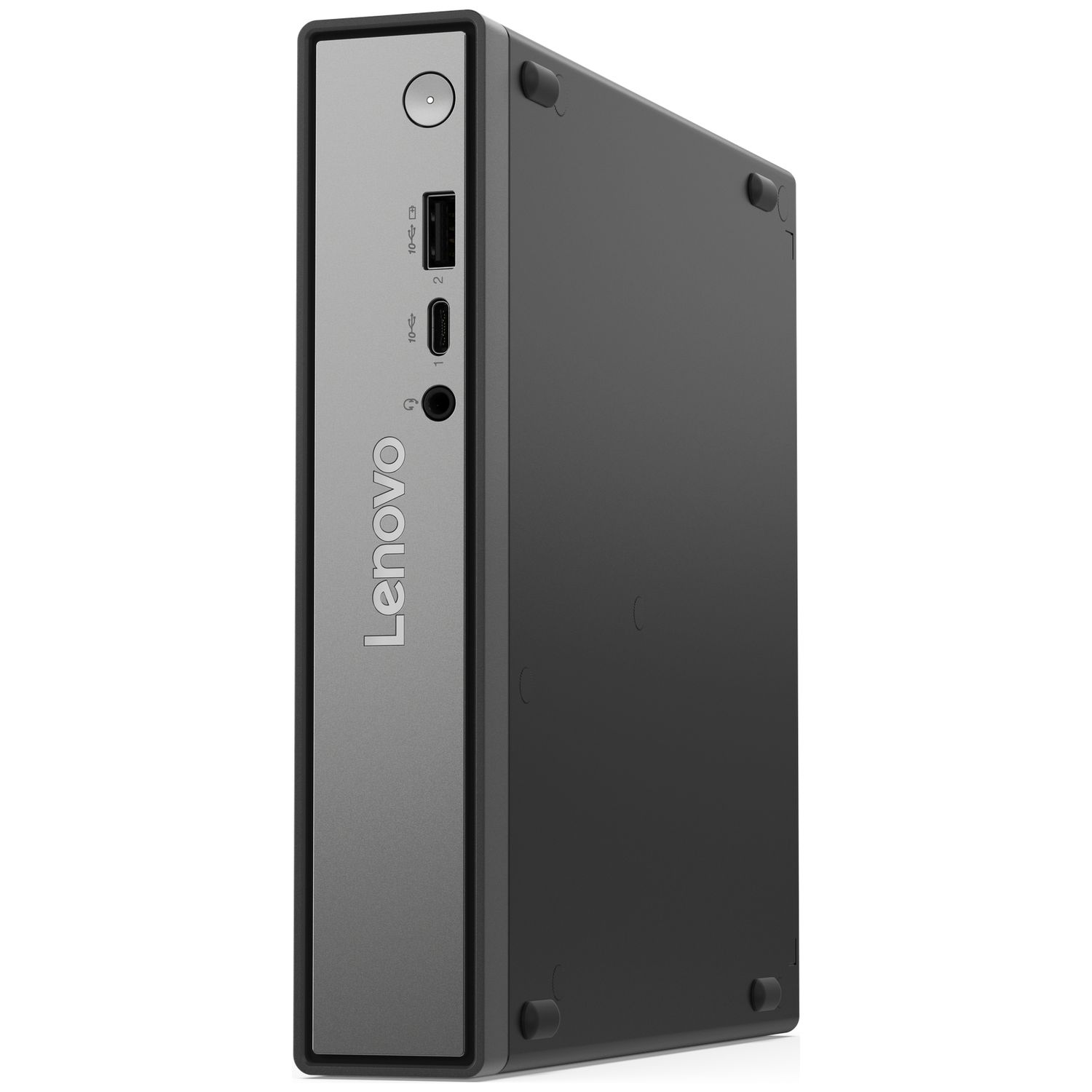 A black Lenovo computer. It has a power button, USB ports, and a headphone jack on the front. Lenovo is printed vertically.