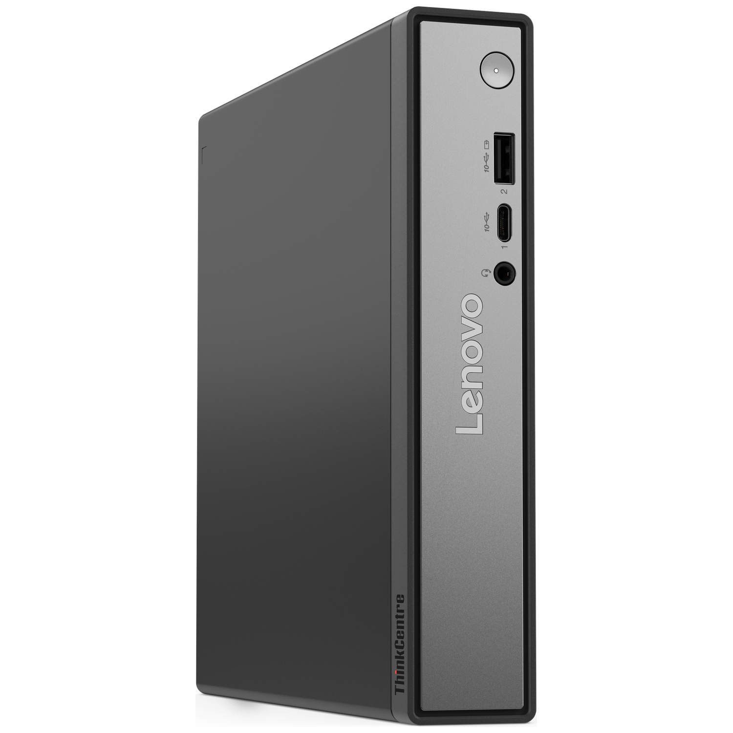 A gray Lenovo ThinkCentre desktop computer. It has a power button, USB ports, and a headphone jack. The Lenovo logo is visible.