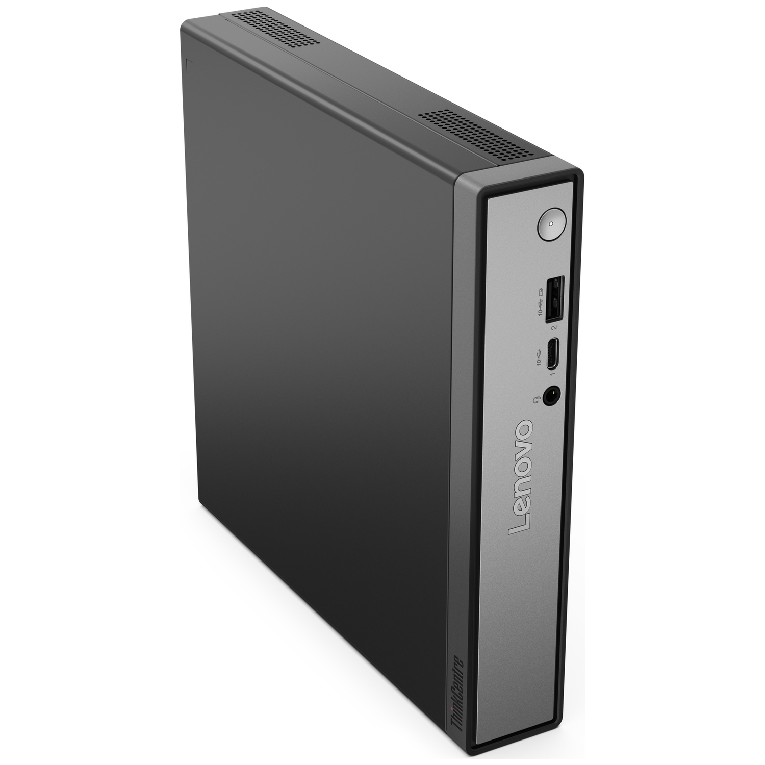 A Lenovo ThinkCentre desktop computer. It's black and gray, with ports on the front. Lenovo and ThinkCentre are visible.