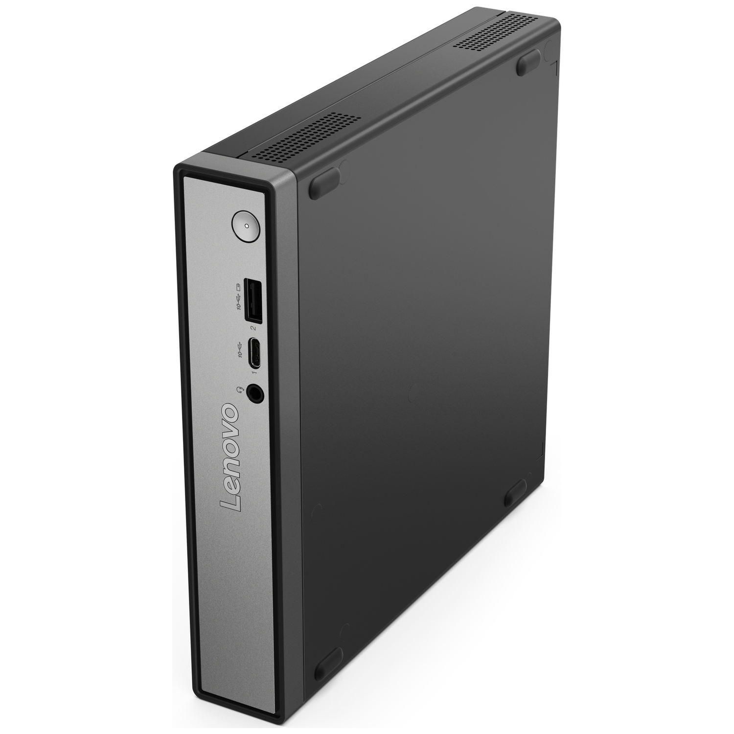 A black Lenovo desktop computer. It has a silver front panel with the Lenovo logo. USB ports are visible.