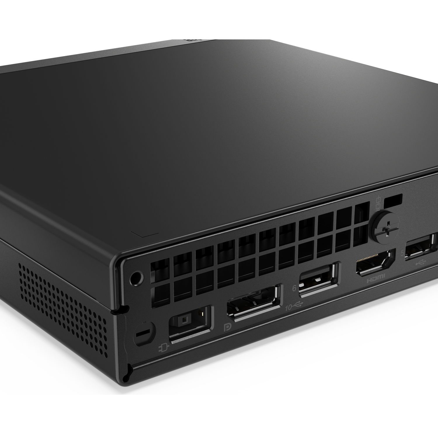 A black computer device with multiple ports visible, including USB and HDMI, against a white background.