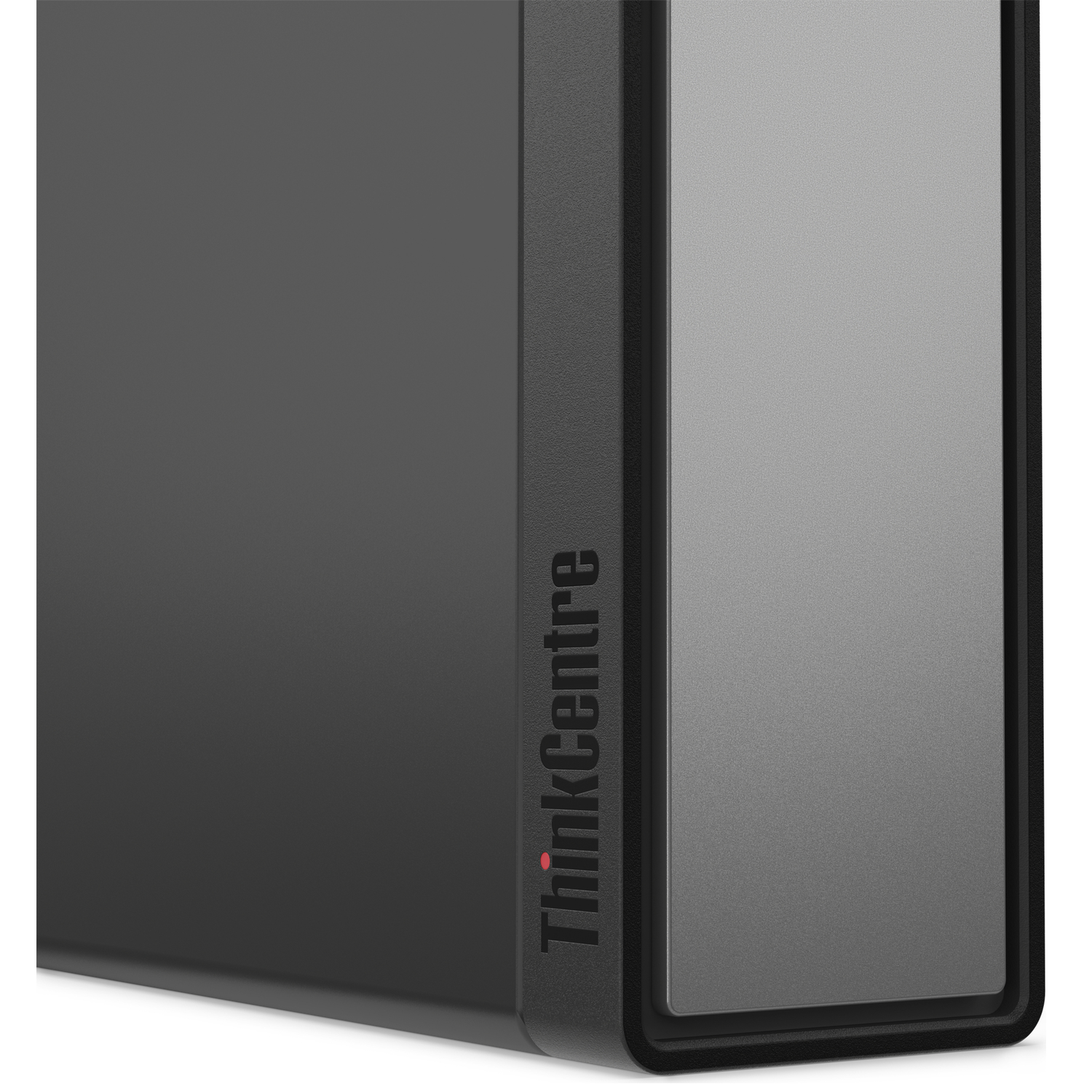 A close-up of a ThinkCentre computer. The front is a dark gray with a lighter gray panel. The ThinkCentre logo is visible.