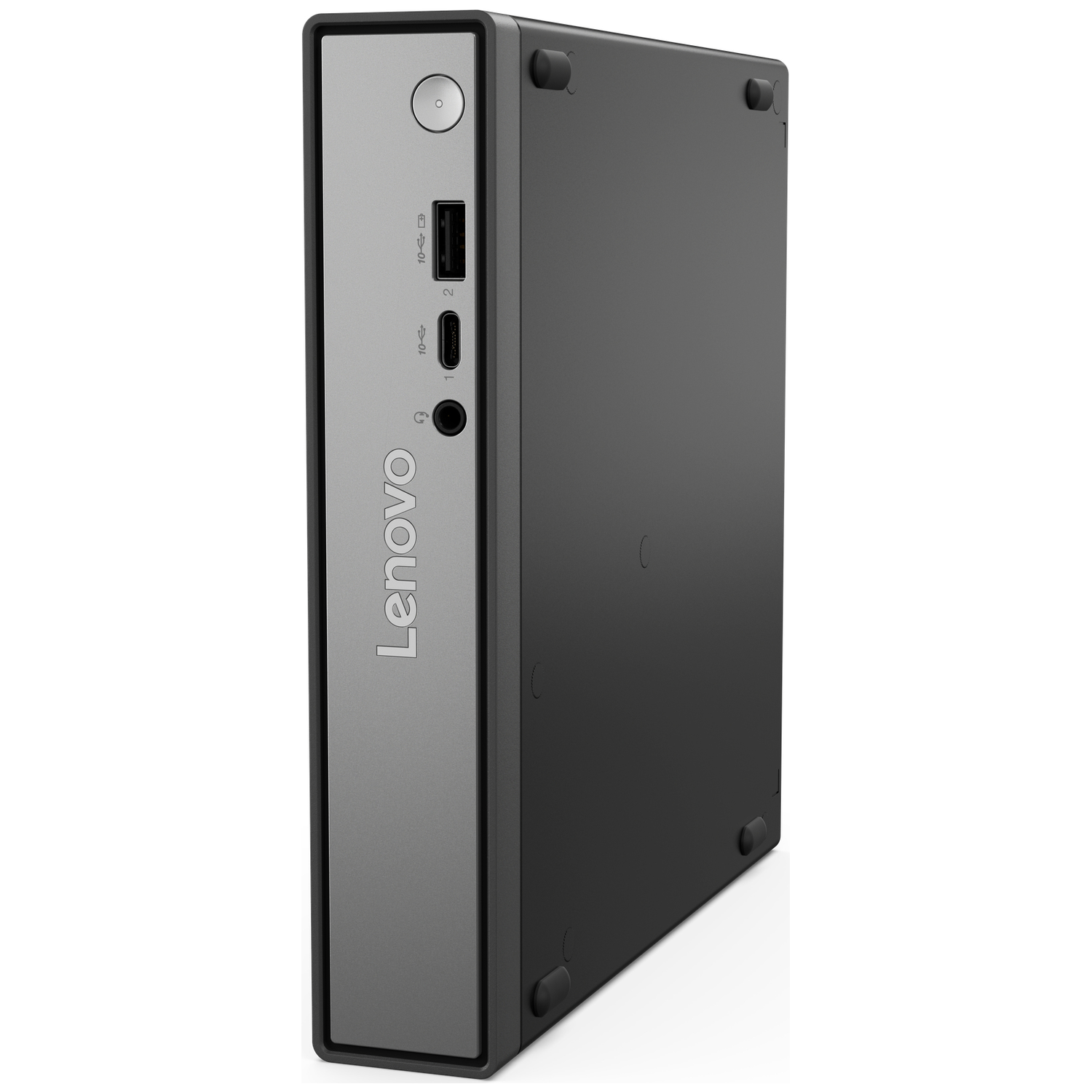 A small black Lenovo computer. It has a power button, USB ports, and a headphone jack on the front. Lenovo is printed on the side.