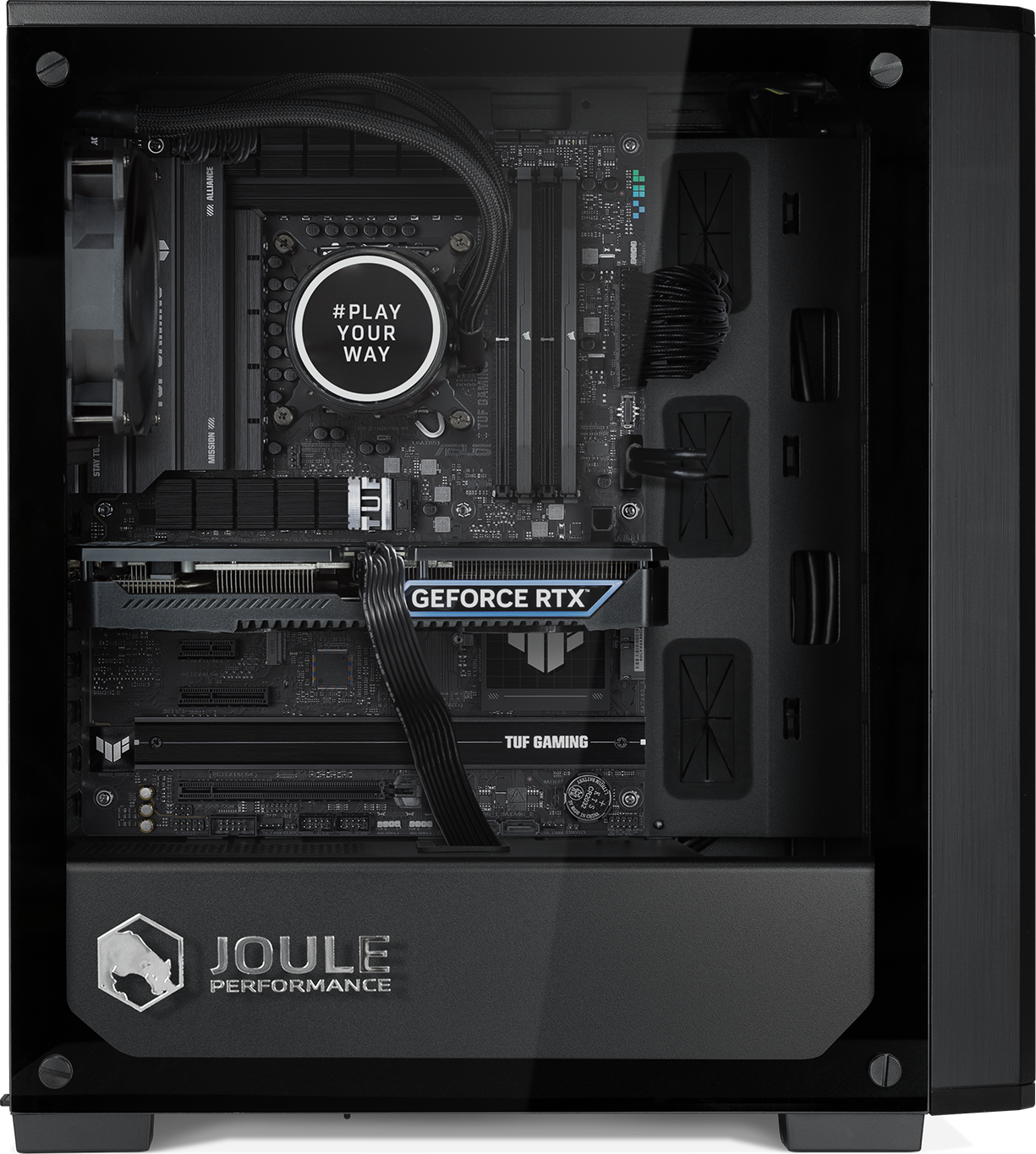 In einem PC-Gehäuse ein Motherboard mit Komponenten, darunter eine Grafikkarte, ein Kühlsystem und der Text "#PLAY YOUR WAY".
