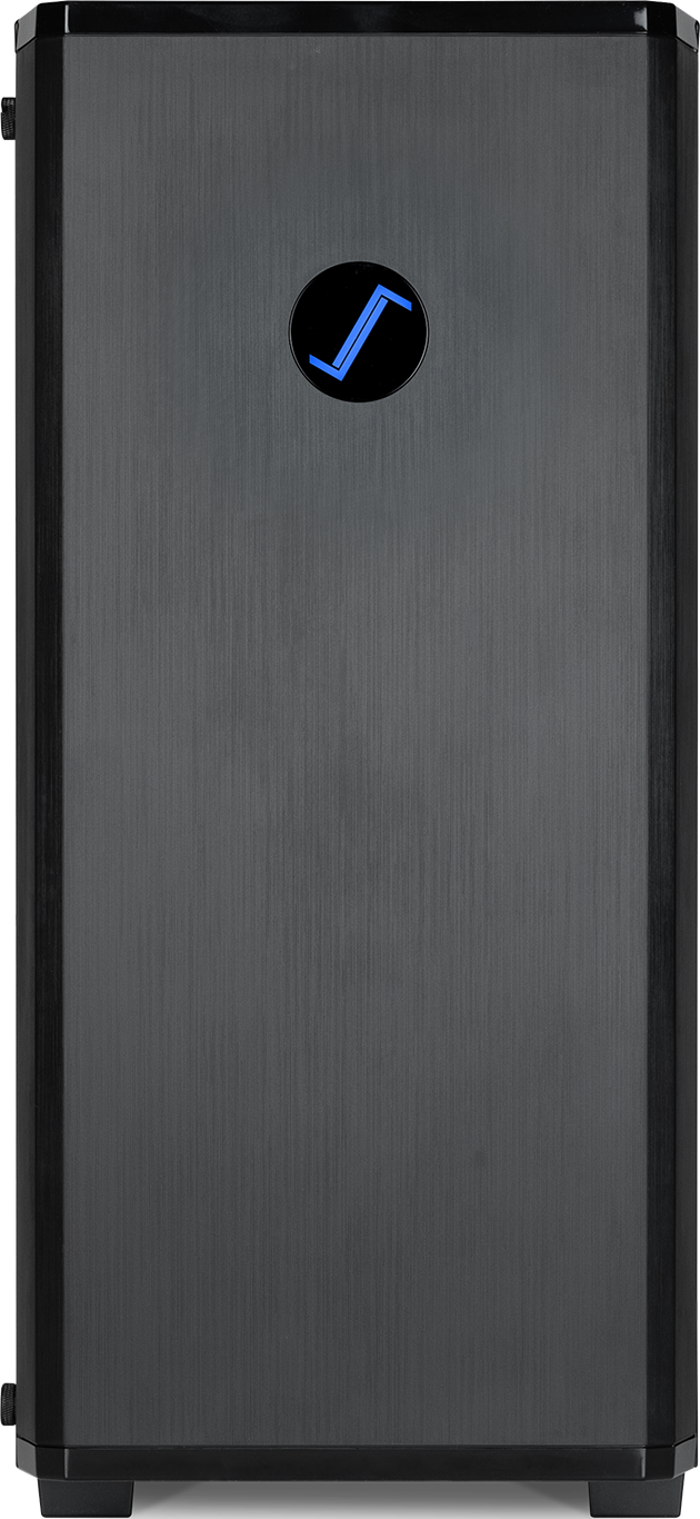 Ein schwarzes Computergehäuse mit gebürsteter Metallstruktur. In der Mitte befindet sich ein blaues Logo.