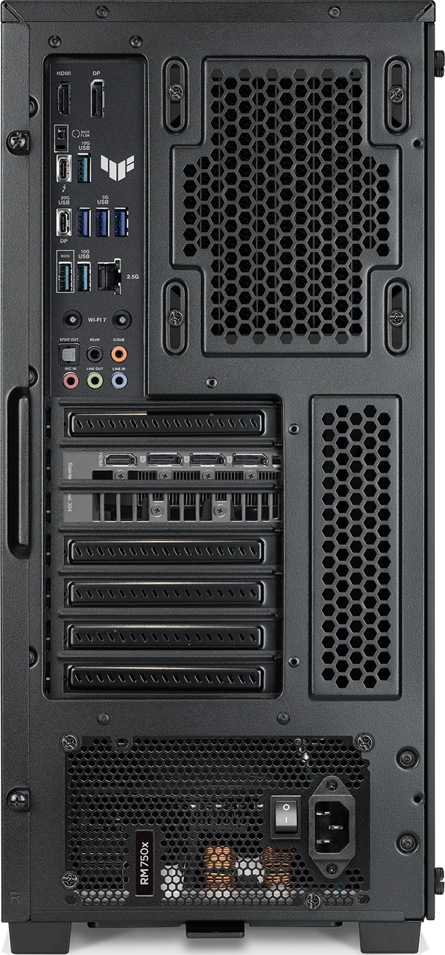 Die Rückseite eines schwarzen Computergehäuses mit verschiedenen Anschlüssen, Lüftungsöffnungen und einem Netzteil. Enthält HDMI, USB und Audioanschlüsse.