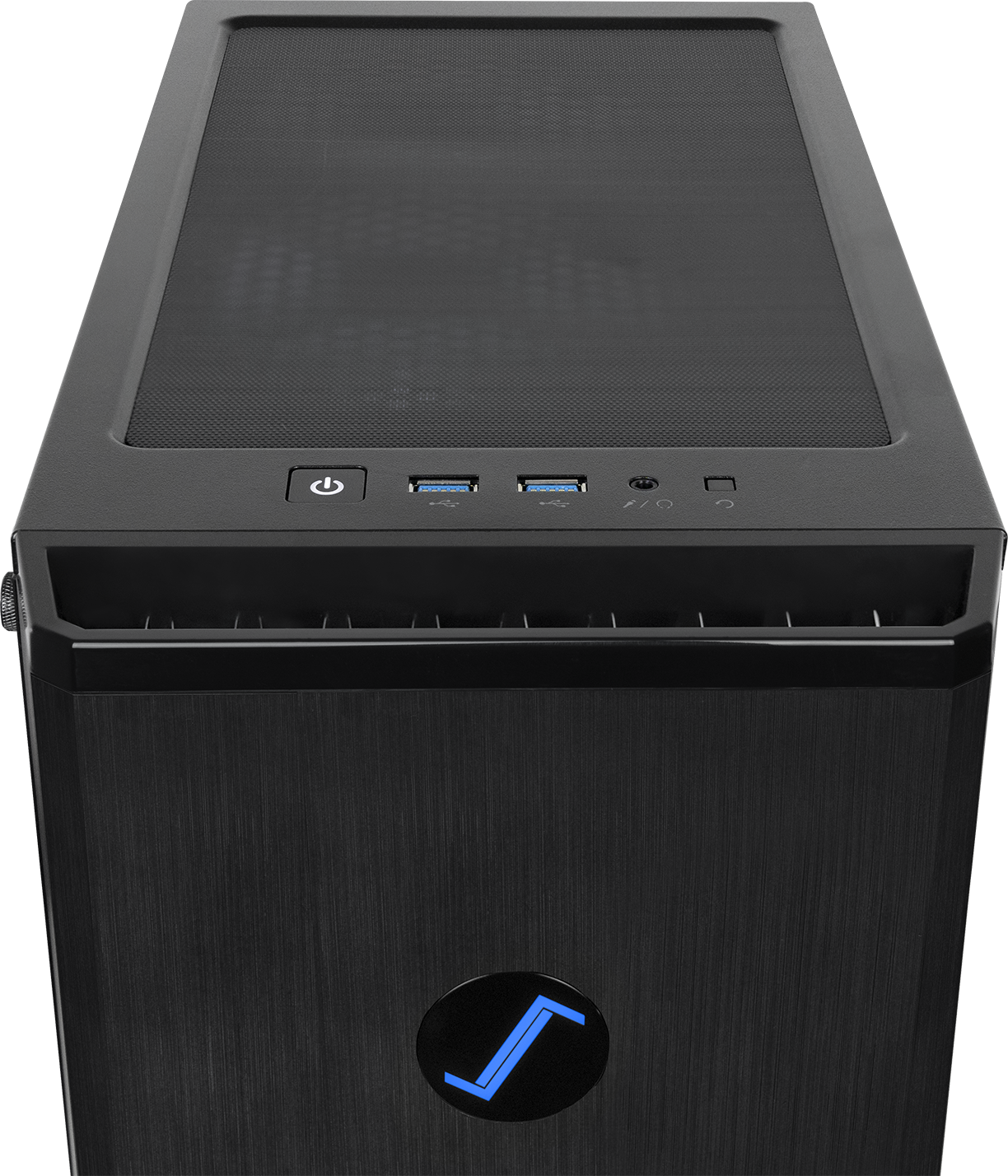 Ein schwarzes Computergehäuse mit einem Mesh-Top. Es hat einen Power-Button, USB-Anschlüsse und ein Logo mit blauem 'J' vorne.