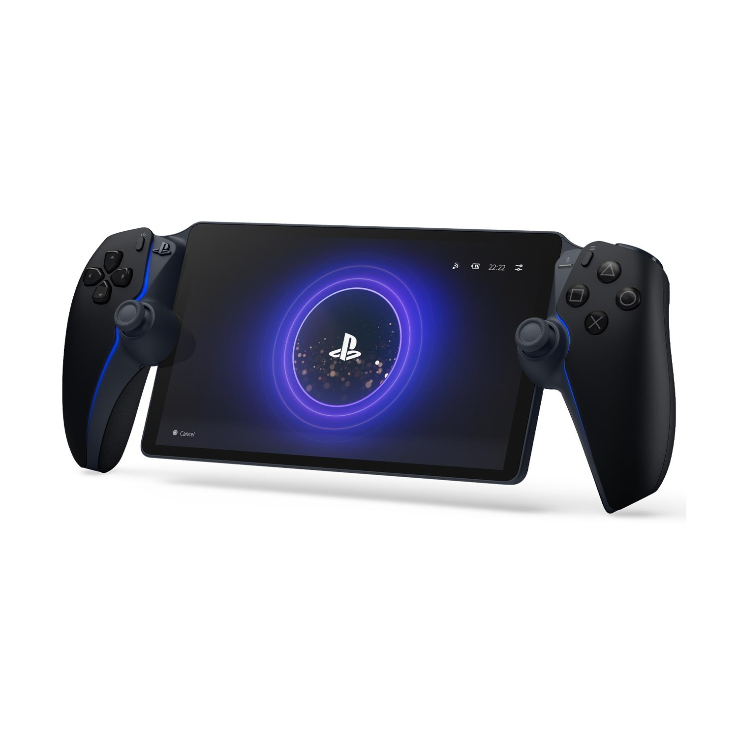 Un dispositivo portatile PlayStation Portal nero, con uno schermo che mostra un logo PlayStation illuminato di blu. Controller su entrambi i lati.