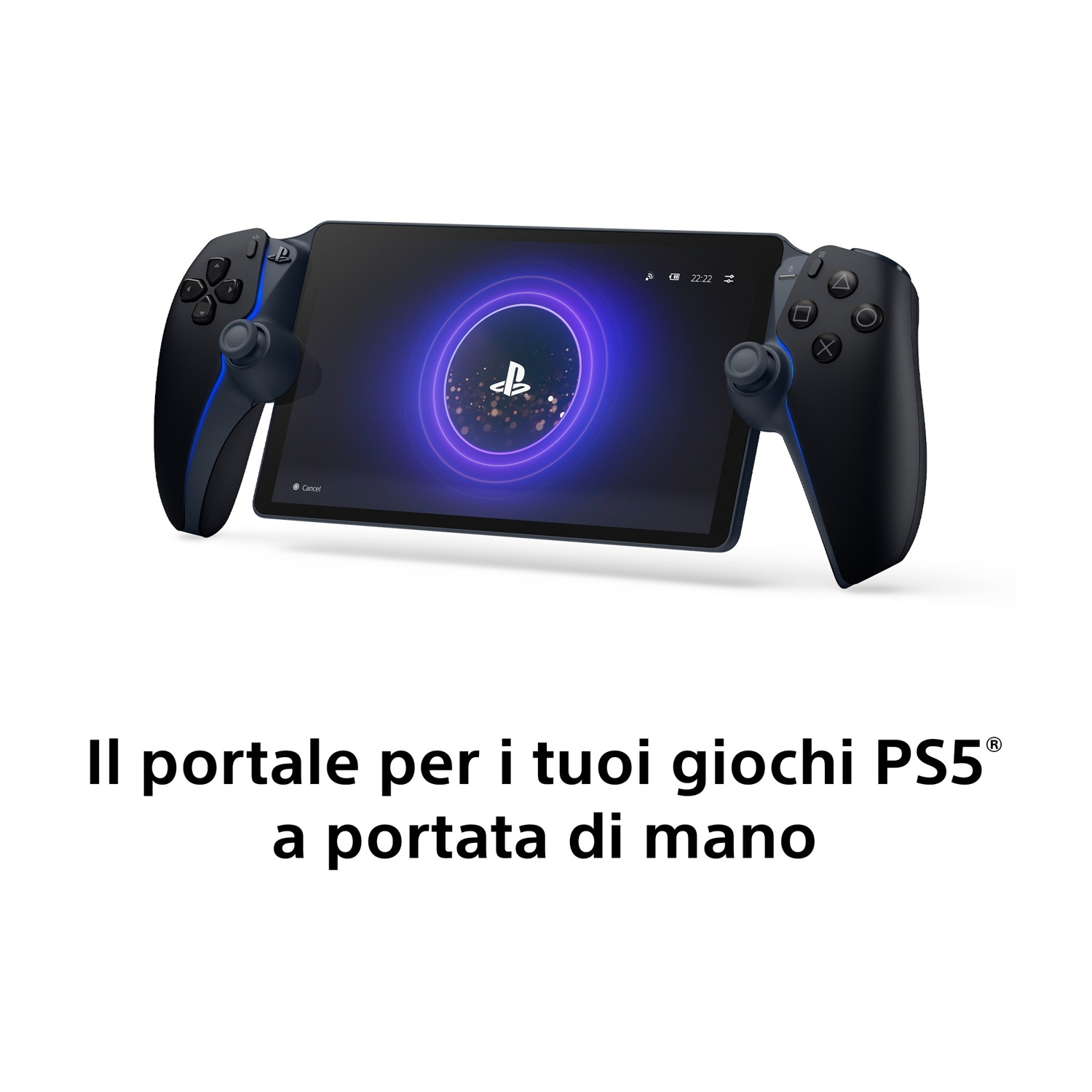 Un dispositivo di gioco portatile nero con uno schermo che mostra un logo Playstation. Il testo sottostante recita: Il portale per i tuoi giochi PS5.