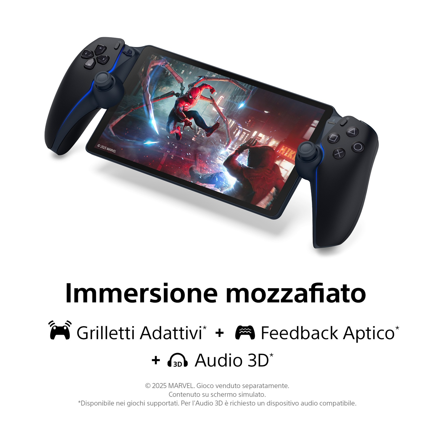 Un controller nero con schermo che mostra Spider-Man. Testo in basso: 'Immersione mozzafiato' e altre funzionalità del gioco.