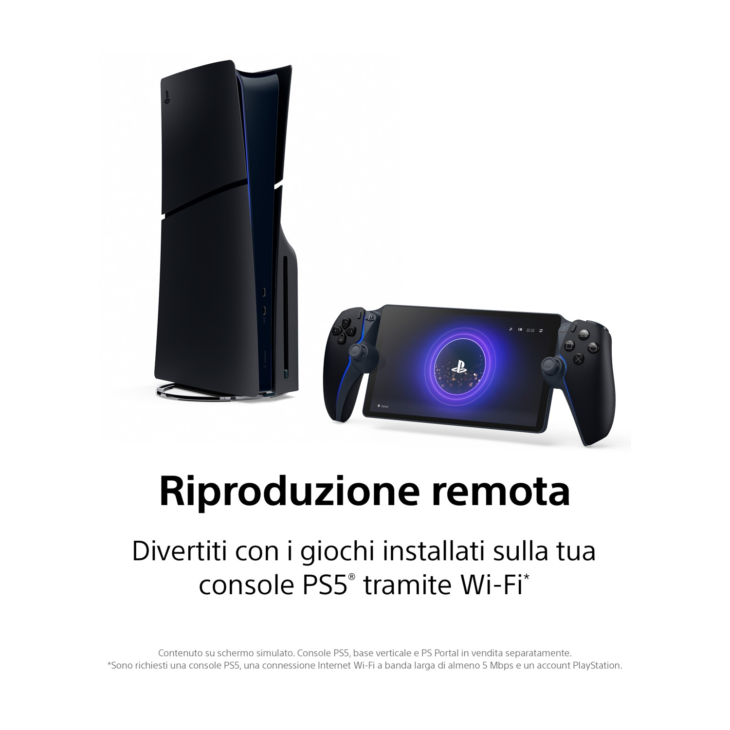 Una console PS5 nera e un dispositivo portatile con schermo, che mostra un logo Playstation, sono visualizzati su sfondo bianco.
