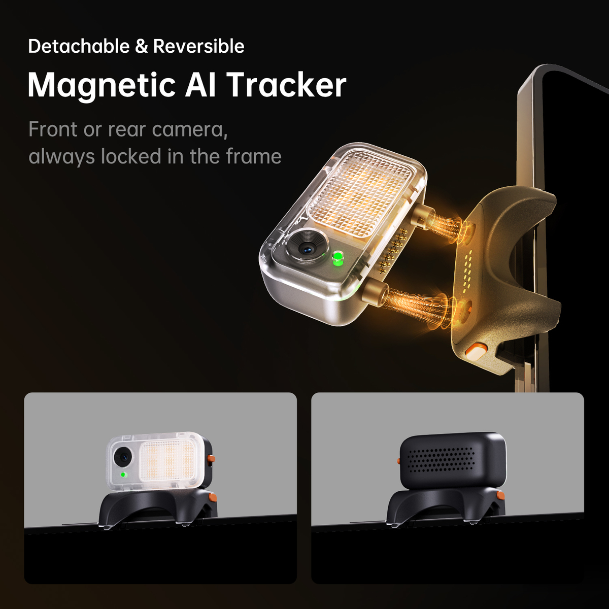 Ein silberner Magnetic AI Tracker mit Kamera und LED-Leuchten, befestigt an einem schwarzen Gerät. Text: Detachable & Reversible, Magnetic AI Tracker.