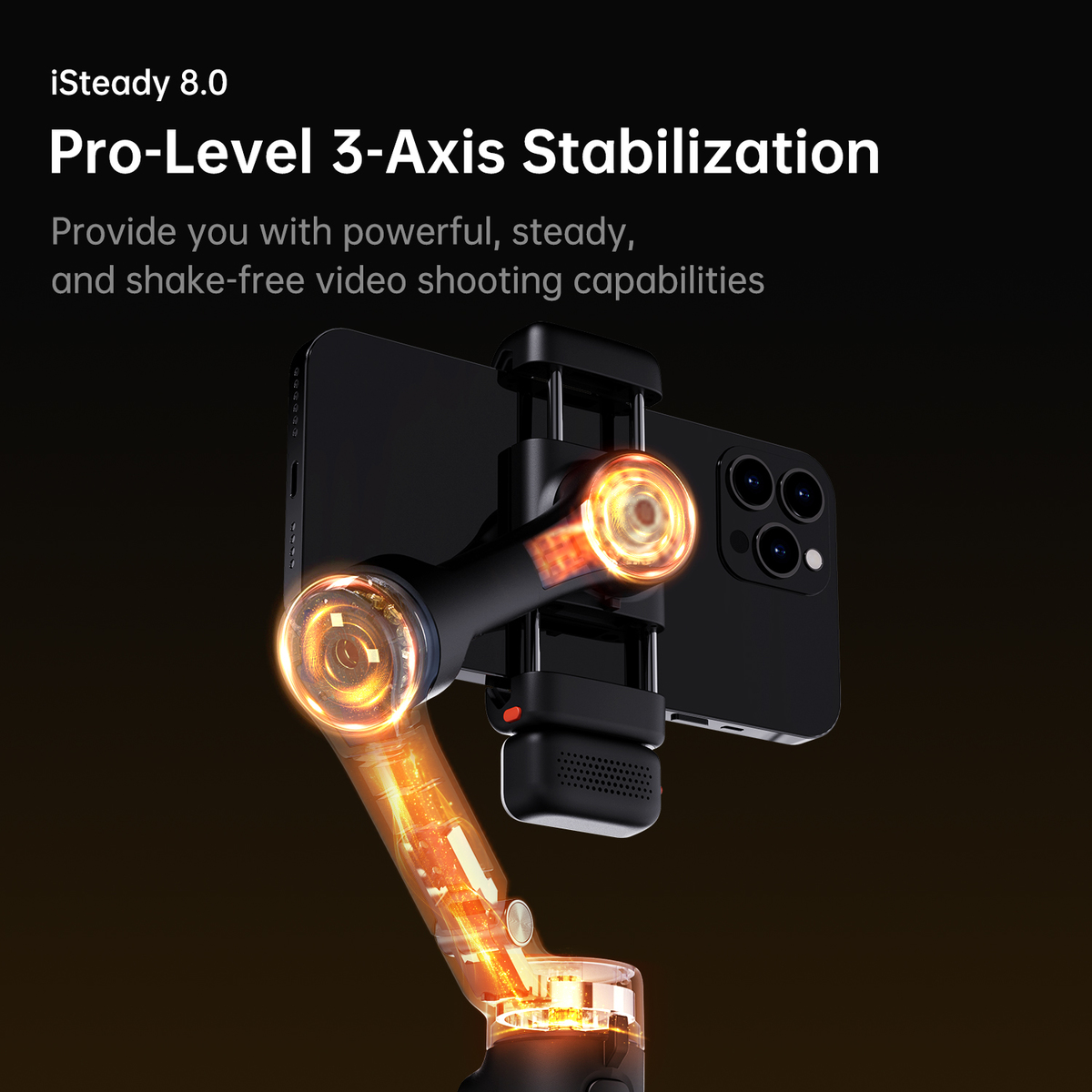 Ein Telefon ist auf einem schwarzen Stabilisator montiert. Der Stabilisator hat orangefarbene Lichter, die seine 3-Achsen-Stabilisierung zeigen.