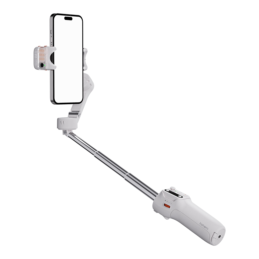 Ein weißer Telefonstabilisator mit befestigtem Telefon. Es hat einen ausziehbaren Arm und einen Steuergriff mit dem Markennamen 'hohem'.