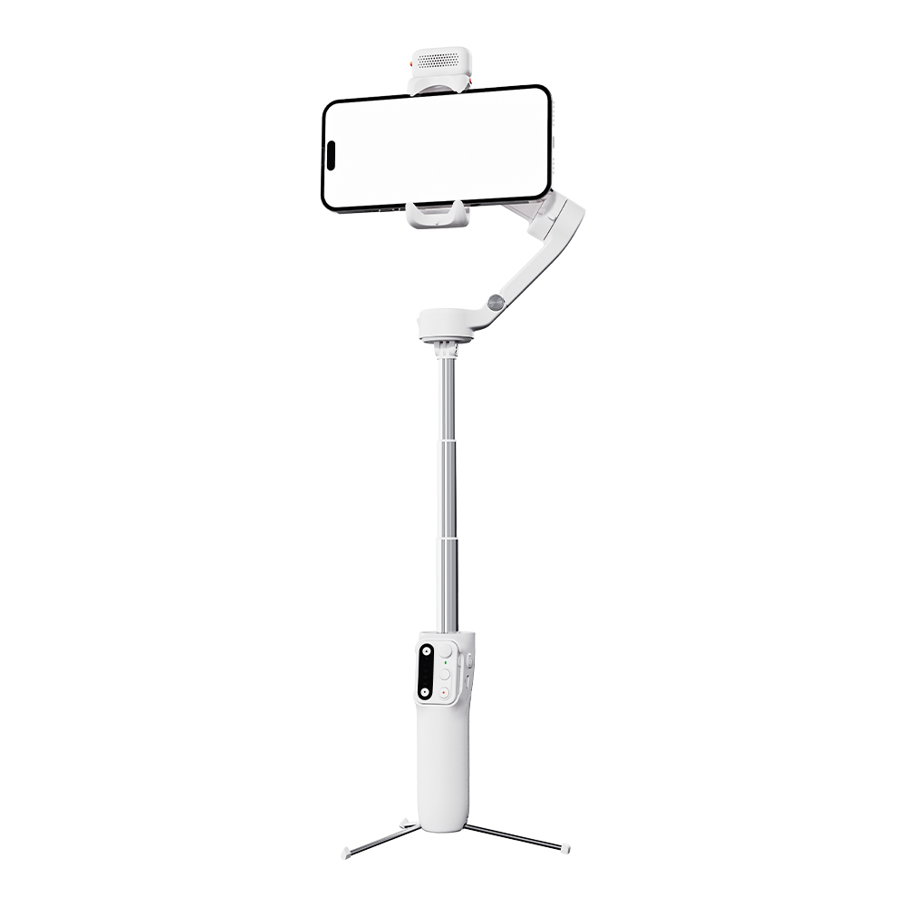 Ein weißer Telefonstabilisator mit einem Telefon oben. Er hat ein Stativ, einen Teleskoparm und ein Bedienfeld am Griff.