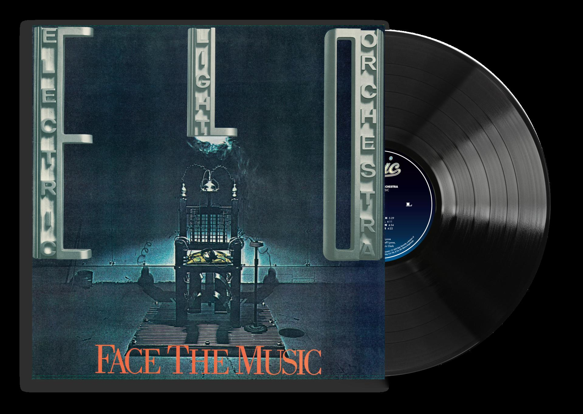 Albumcover: Electric Light Orchestra's Face the Music. Ein elektrischer Stuhl ist zentriert. Albumcover und Schallplatte sind sichtbar.