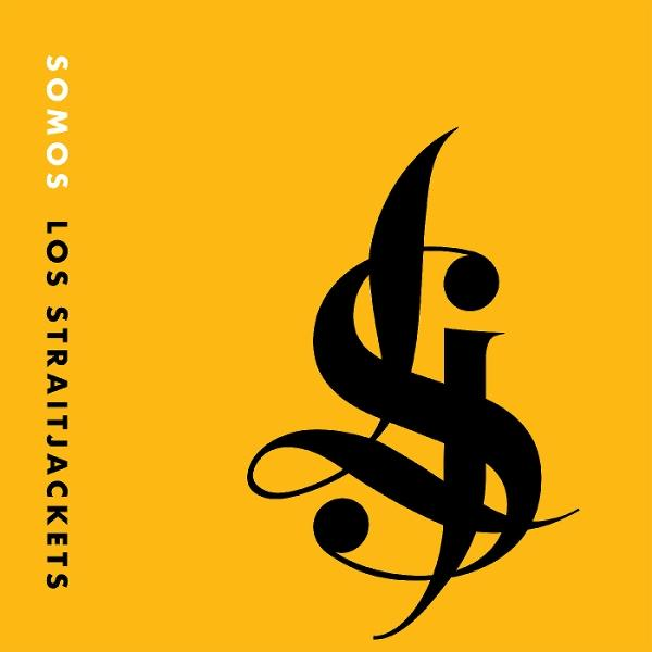 Schwarzes stilisiertes Logo auf gelbem Hintergrund. Das Logo ähnelt einem kursiven 'S' mit anderen Designelementen. Text 'SOMOS LOS STRAITJACKETS' steht links.