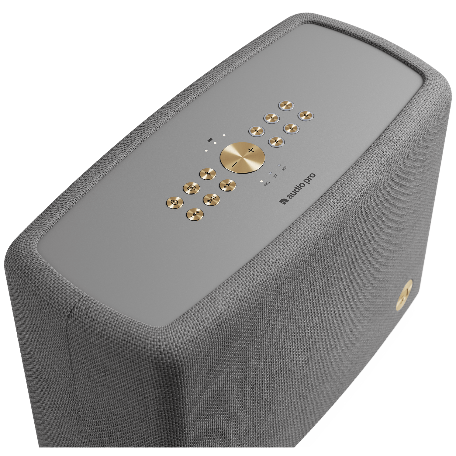 A gray speaker with gold-colored buttons on top. The speaker has a fabric texture and an 'Audio Pro' logo.