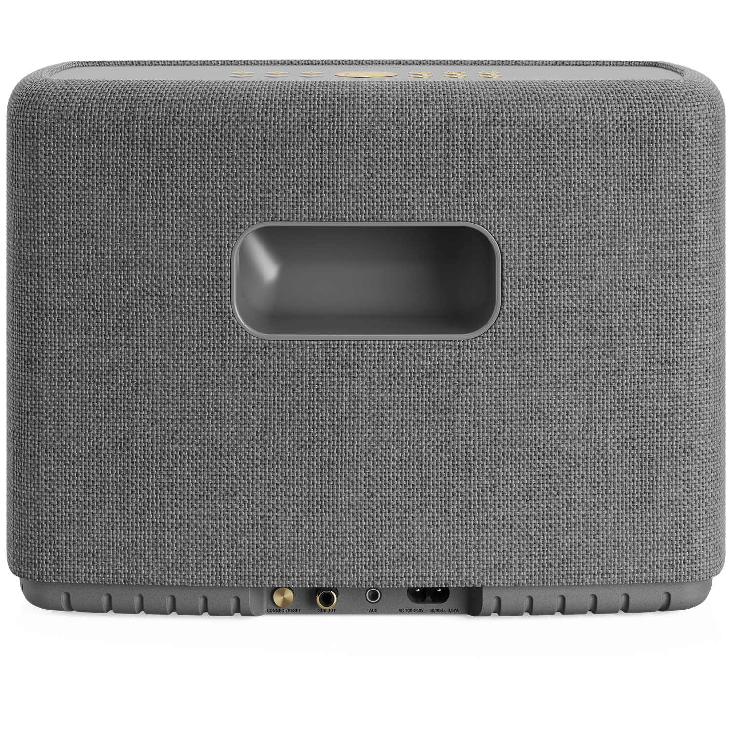 A gray speaker with a fabric texture. It has a recessed handle on the back and several input ports at the bottom.